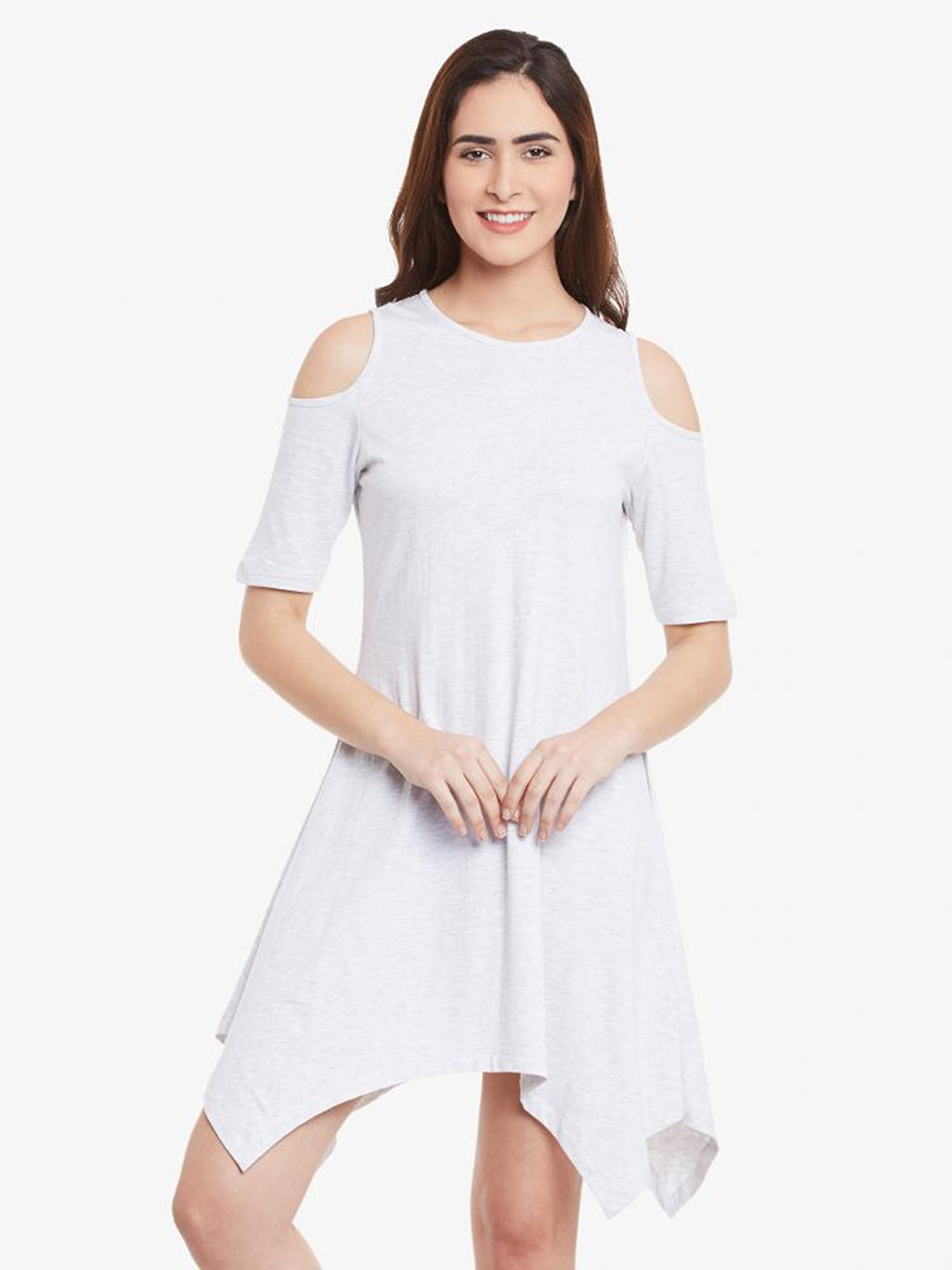 Grey Solid Round Neck Half Sleeve Mini A-Line Dress for Women