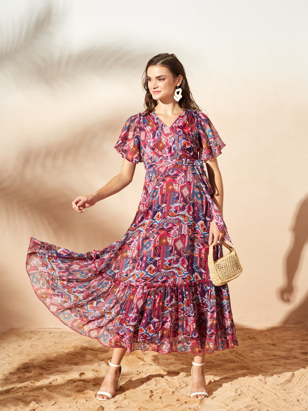 Dark Pink Floral Printed Flutter Sleeves Maxi Dress for Women