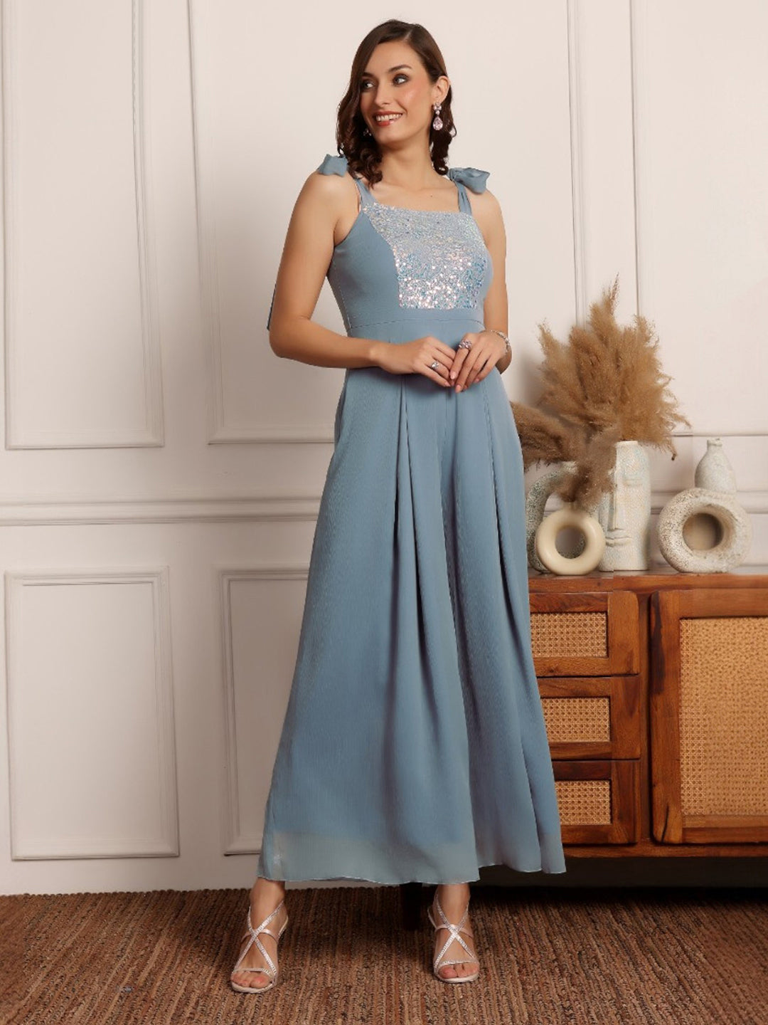 Women's Dusty Blue Square-Neck Sleeveless Embellished Pleated Chiffon Jumpsuit