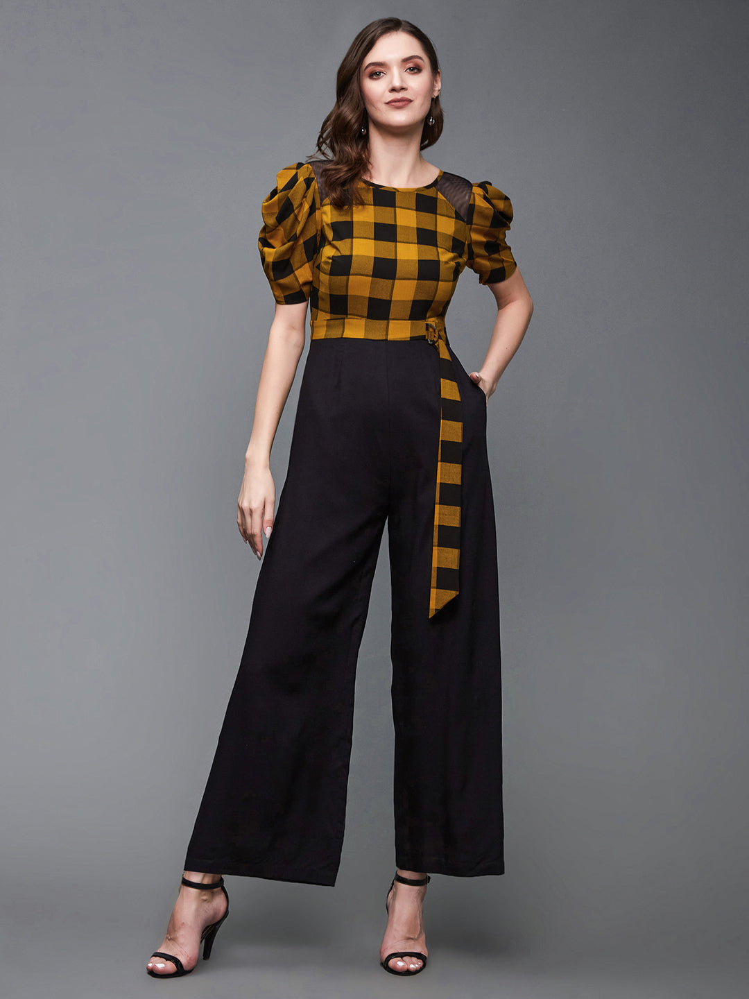 Women's Black & Mustard Round Neck Cowl Sleeve Checkered Wide-leg Viscose-Rayon Regular Length Jumpsuit