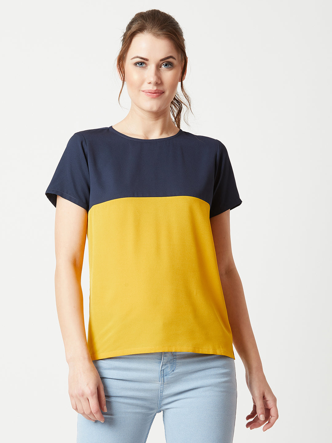 Women's Multicolored With A Navy Blue Base Round Neck Short Sleeve Solid Color block Boxy Top