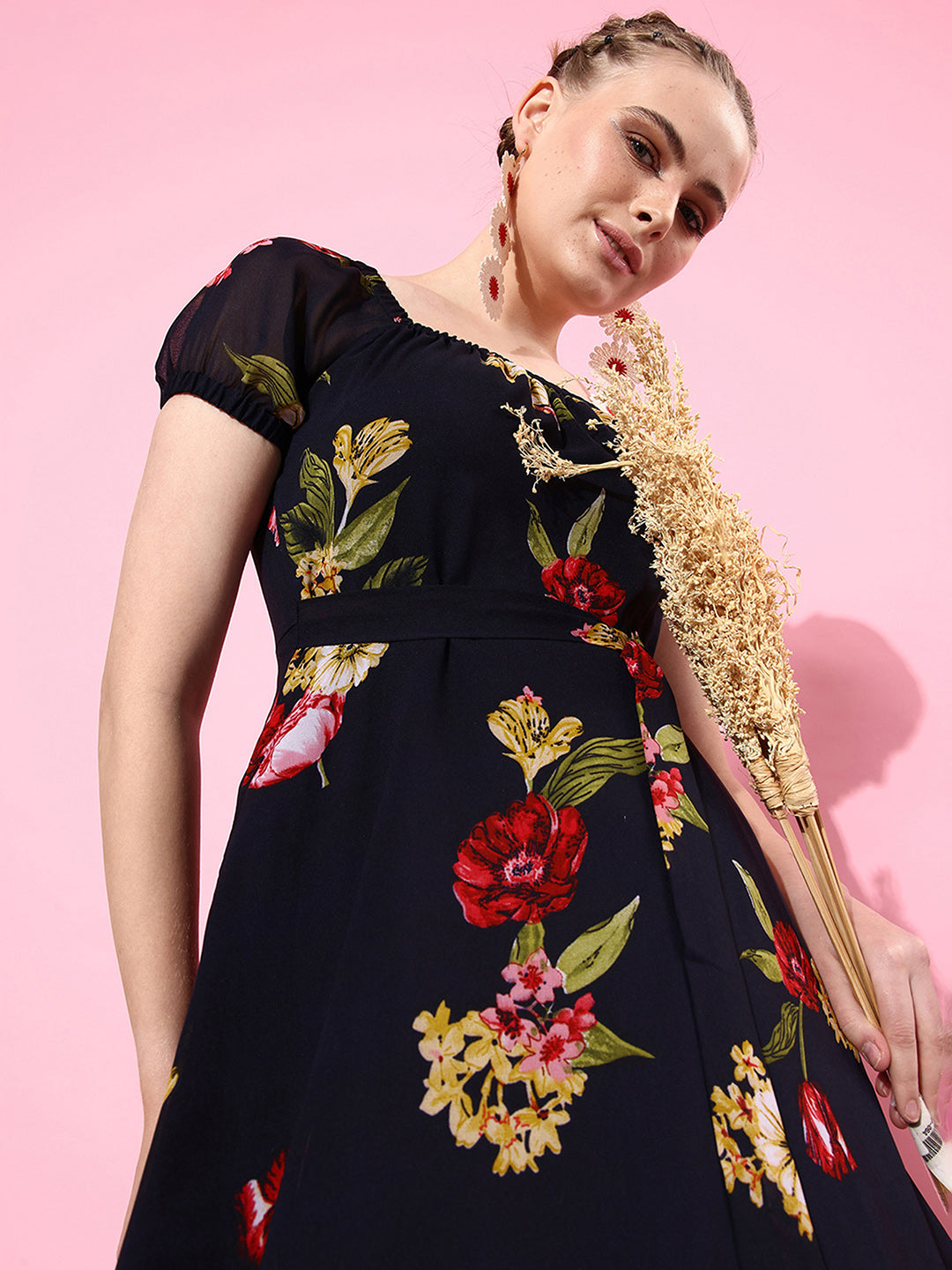 Women's Multicolored Base-Navy Blue Square Neck Short Puff Sleeve Floral Fit & Flare Georgette Midi Dress