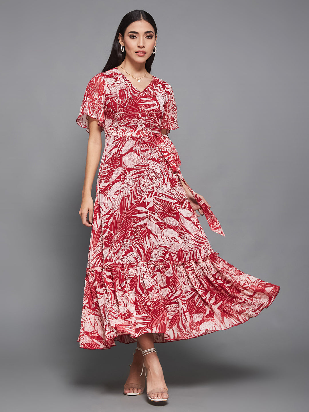 Women's Multicolored Base Maroon V-Neck Flared-Sleeve Floral Wrap Maxi Dress