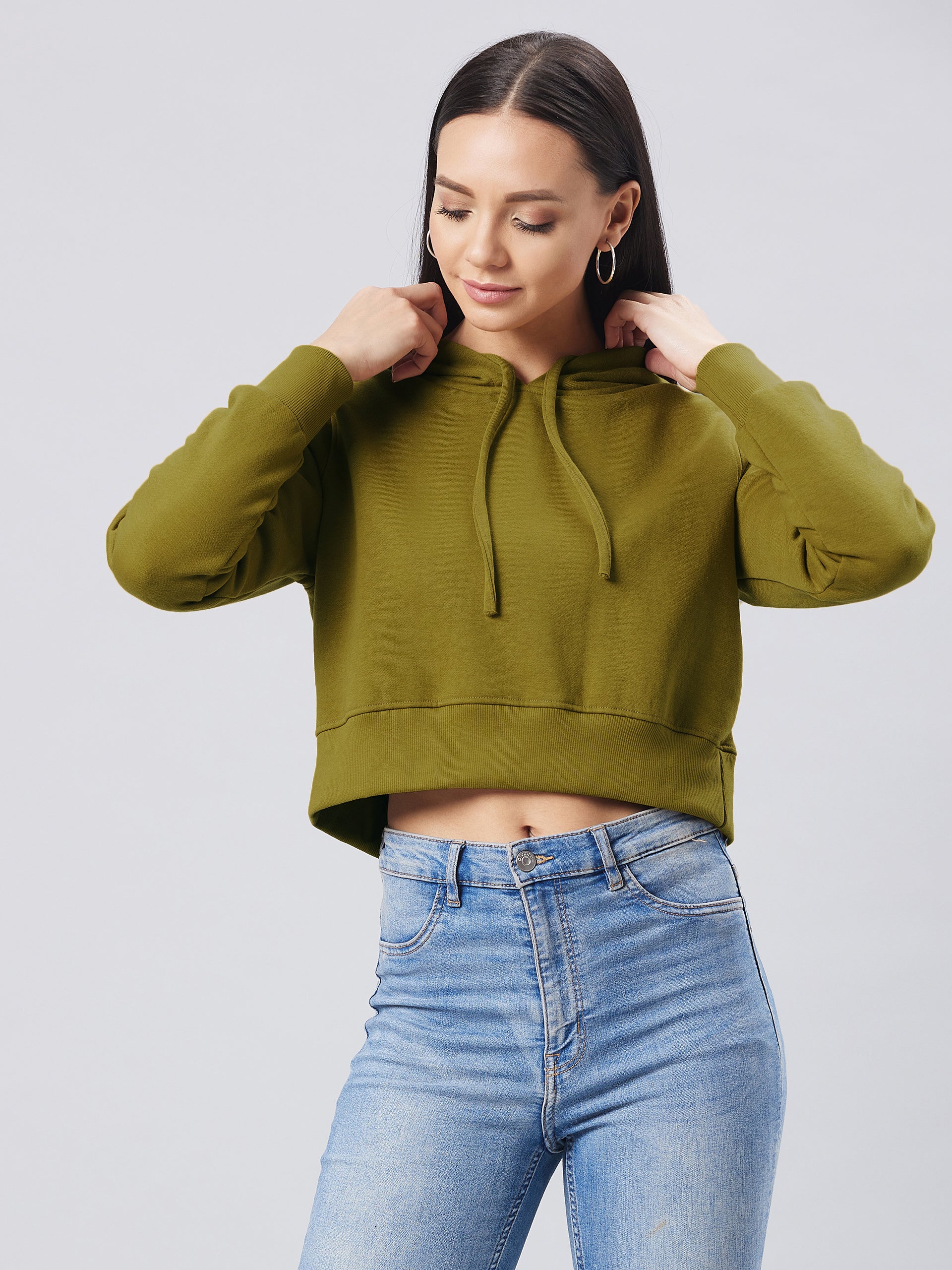 Women's Olive Round Neck Full Sleeve Solid Hooded Crop Sweatshirt