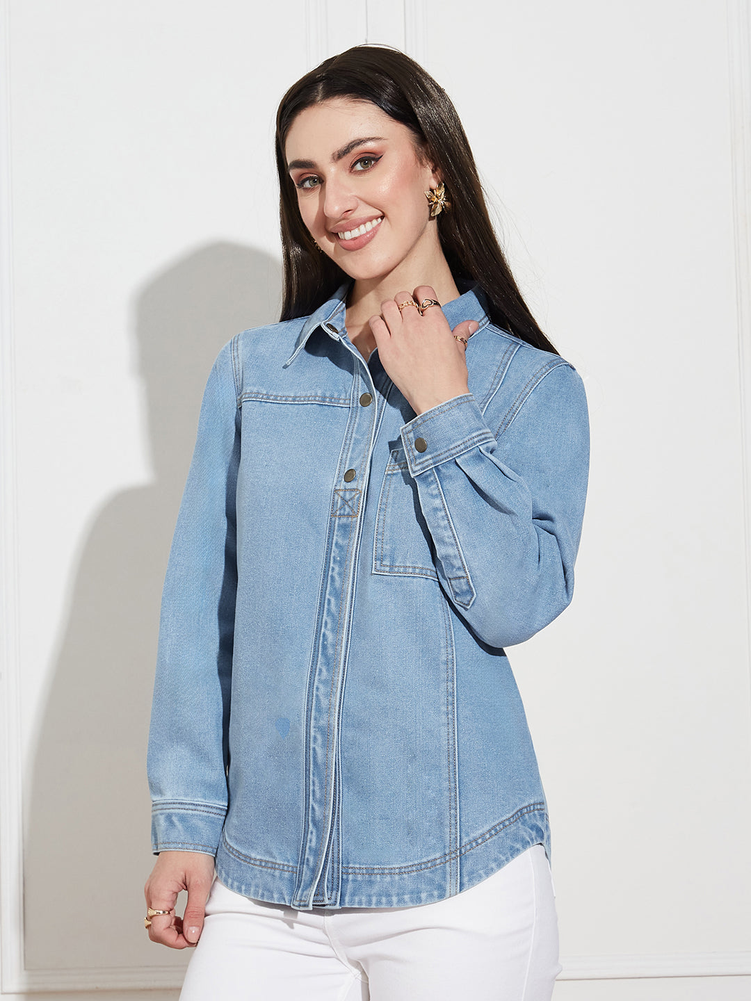 Women’s Light Blue Asymmetric Denim Shirt – Full Sleeves, Relaxed Fit, Collared