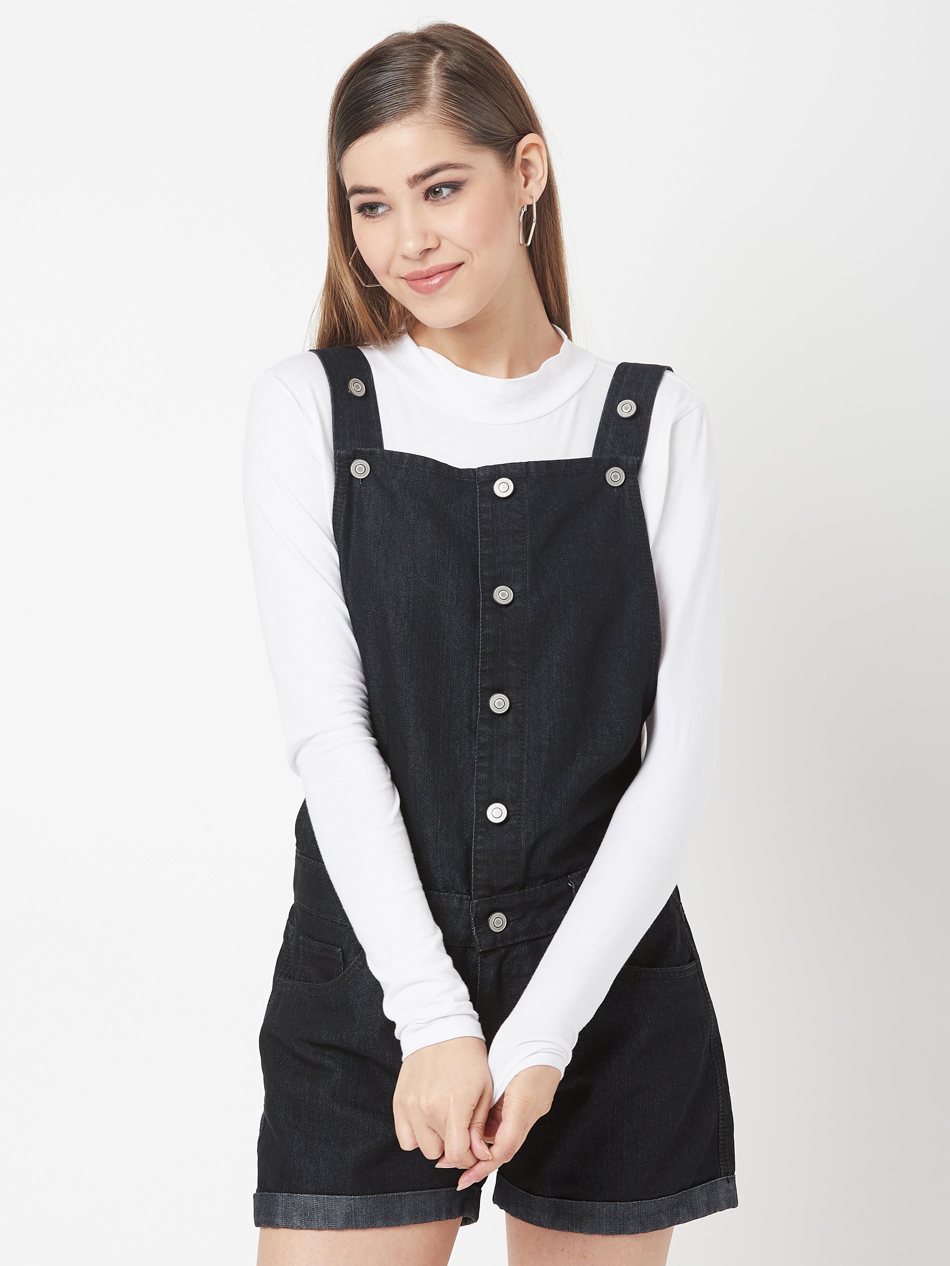 Women's Black Non-Stretchable Solid Mid Rise Regular Length Denim Dungarees