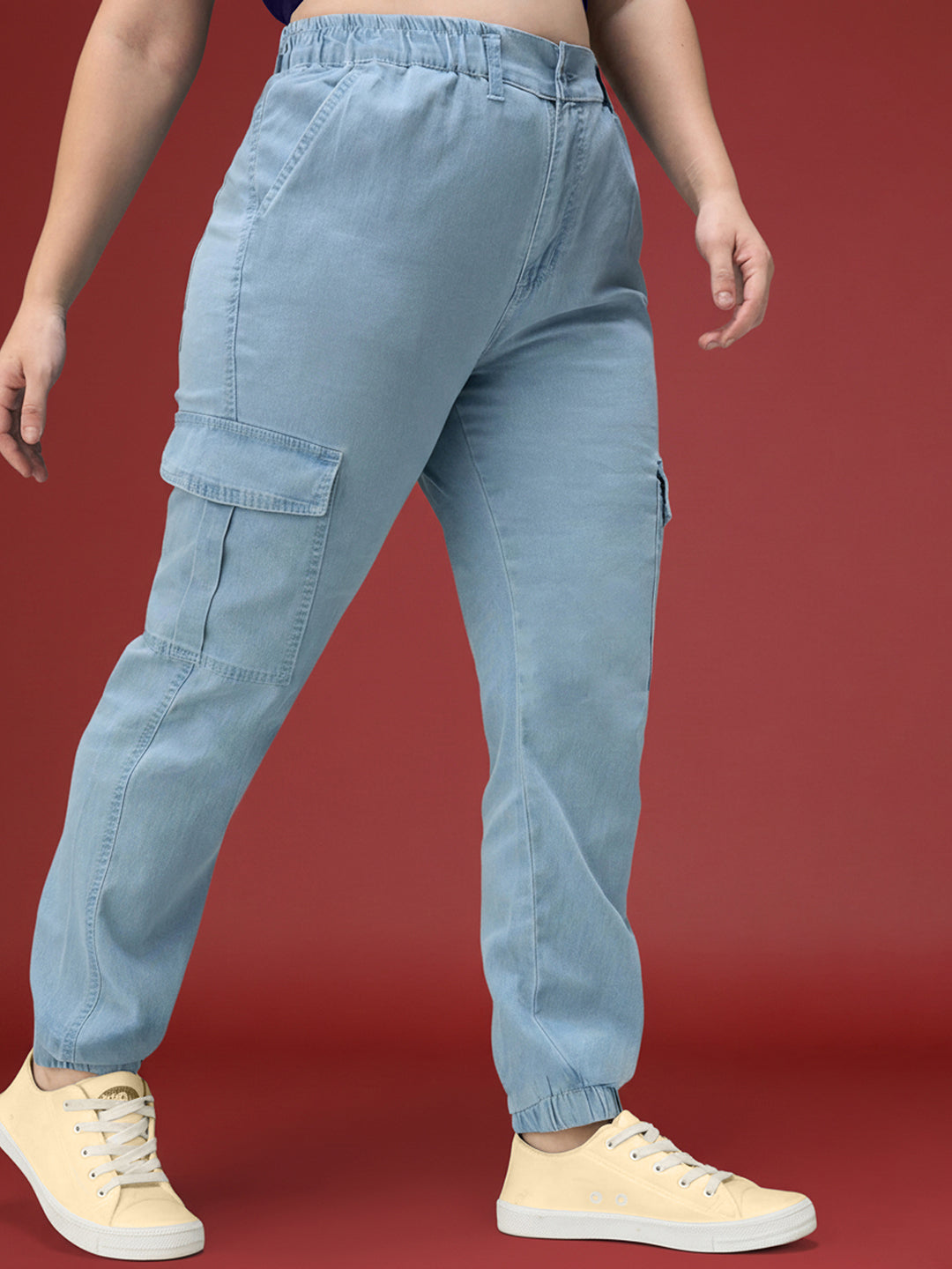 Light Blue Regular High Rise Regular Stretchable Light Weight Denim joggers for Women