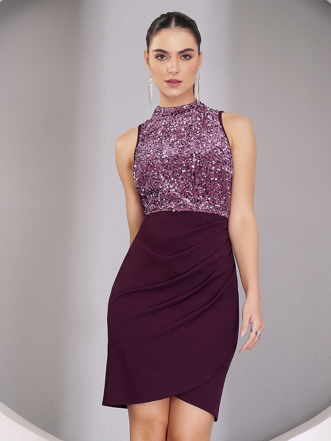 Women's Dark Purple Halter-Neck Sleeveless Embellished Pleated Above-Knee Dress
