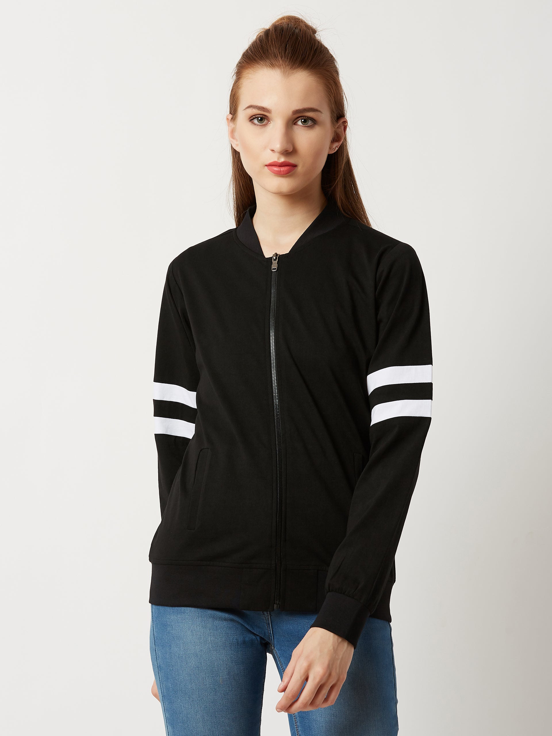 Women's Black Round Neck Full Sleeve Cotton Solid Stripe Detailing Bomber Jacket