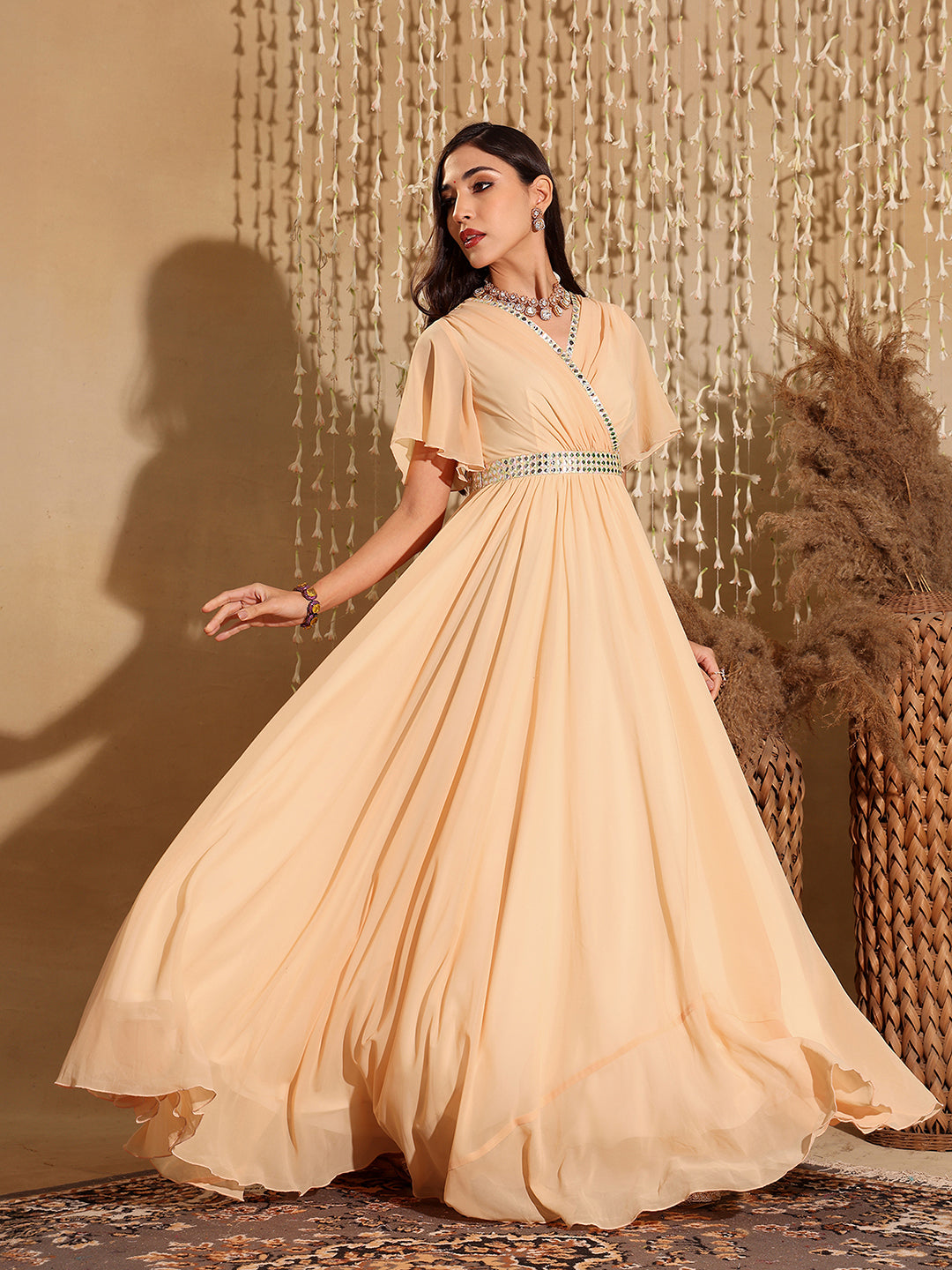 Women's Peach V-Neck Flared/ Bell Sleeves Georgette Solid Fit & Flare Maxi Dress