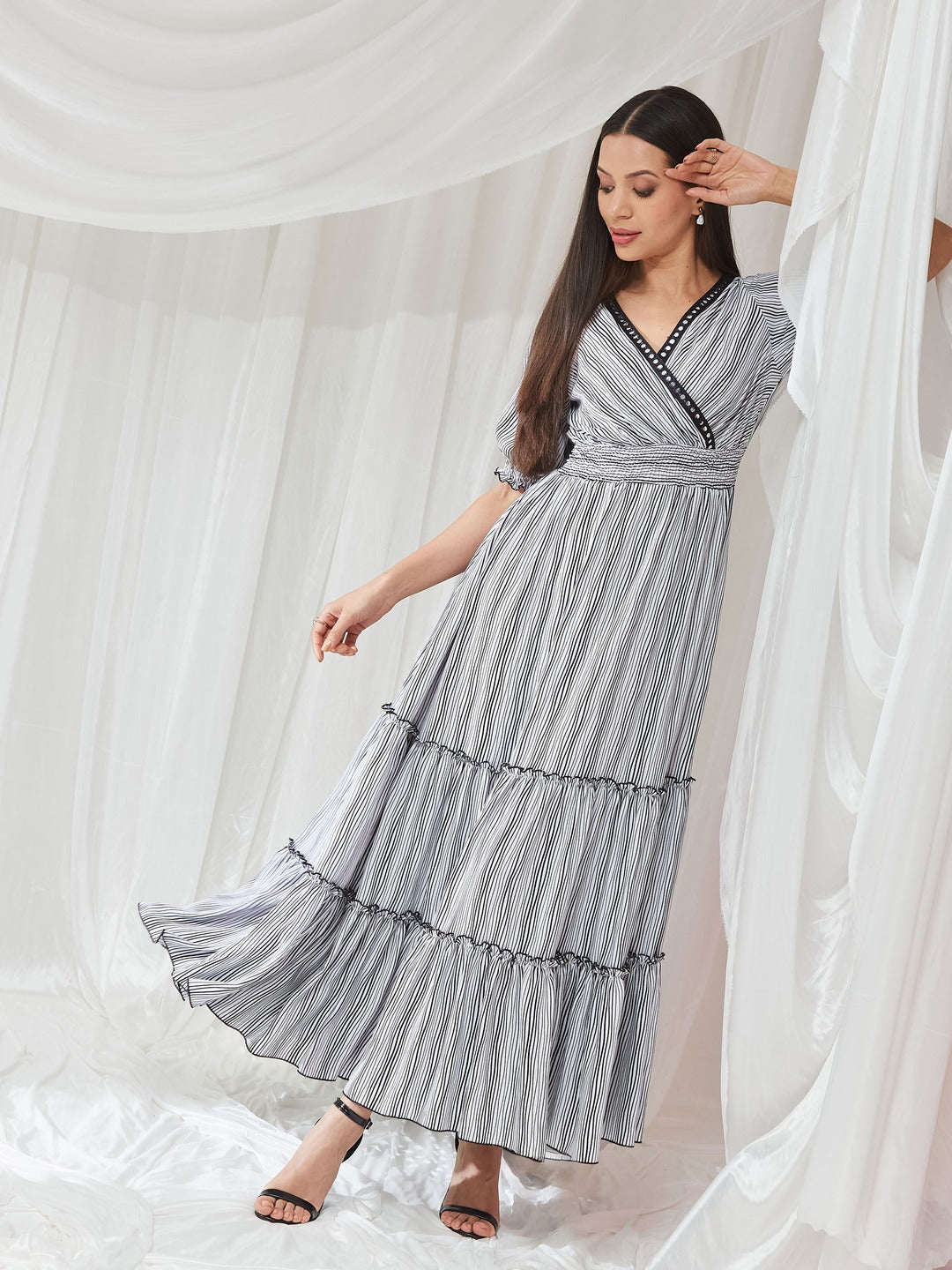 Black and White Half-Sleeved Striped Maxi Dress for Women