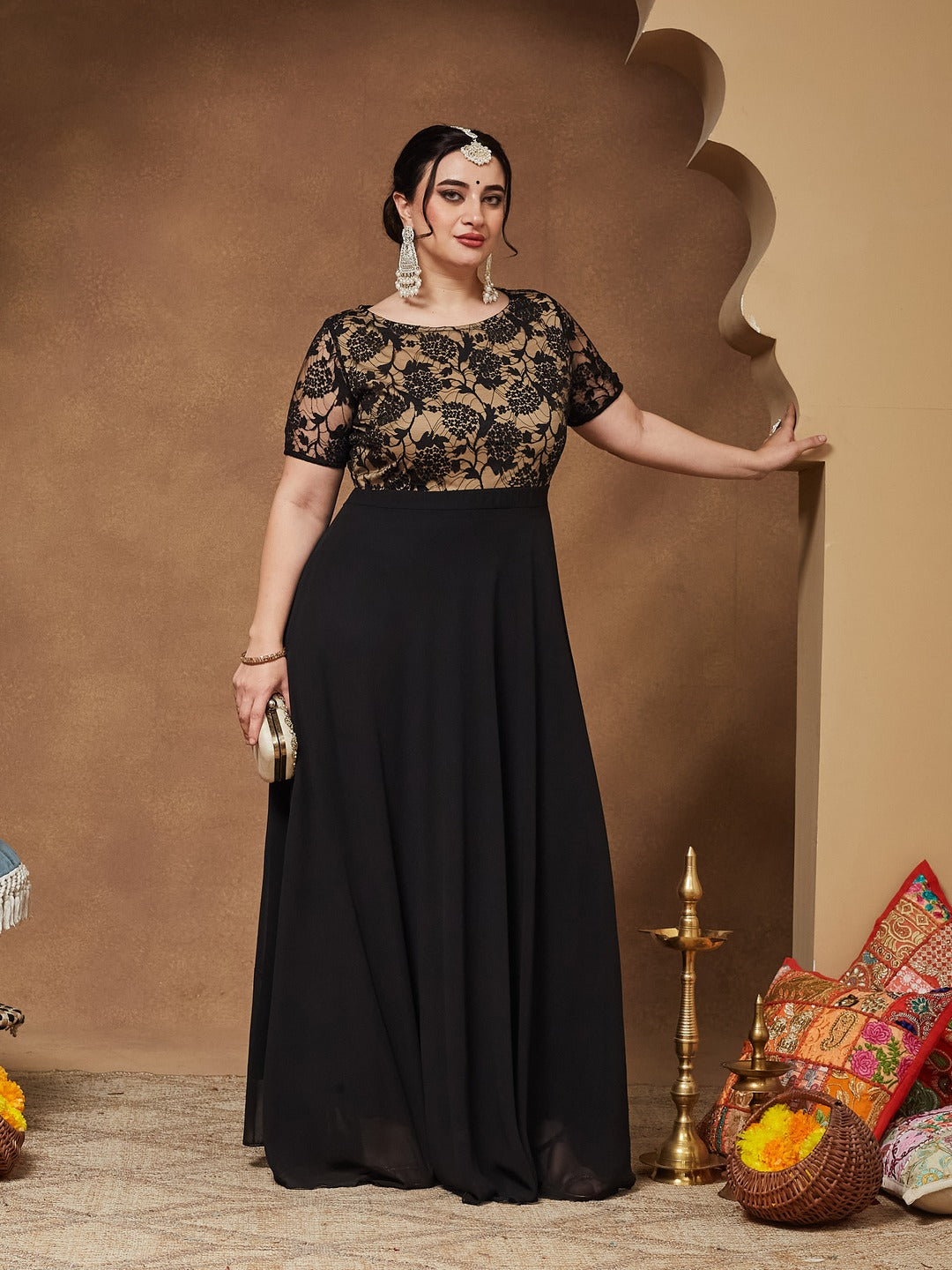 Black Round Neck Half Sleeve Self Design Fit & Flare Georgette Maxi Dress for Women