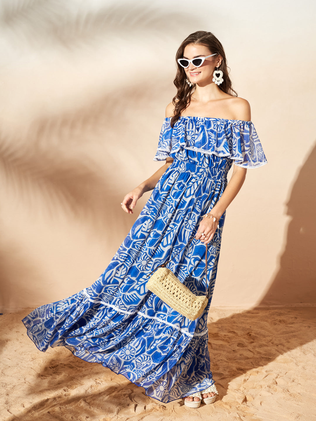 White & Blue Square Neck Cape Floral Tiered Maxi Chiffon Dress for Women — Miss Chase