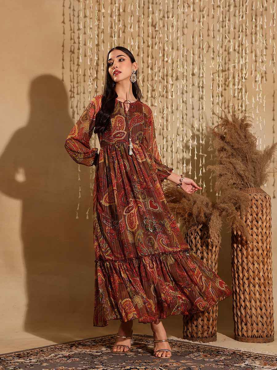 brown printed maxi dress It's All Her Own Brown Multi Floral Print Cotton Maxi Dress