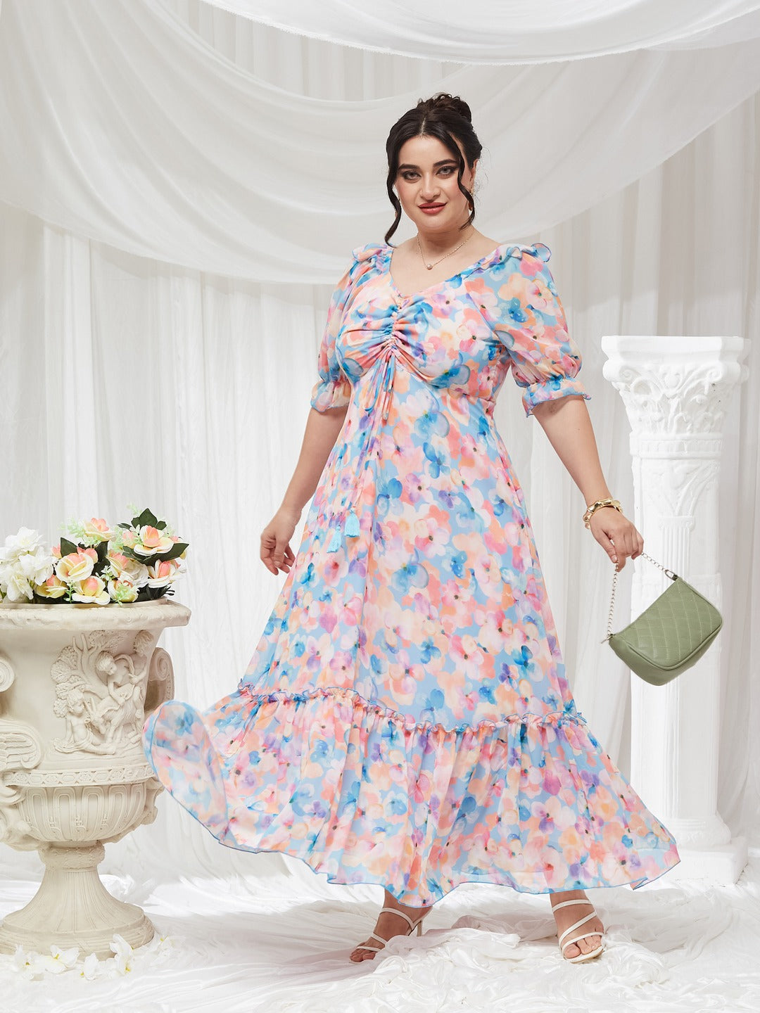 Sky Blue V-Neck Puff Sleeve Floral Ruching Ankle-Length Dress for Women
