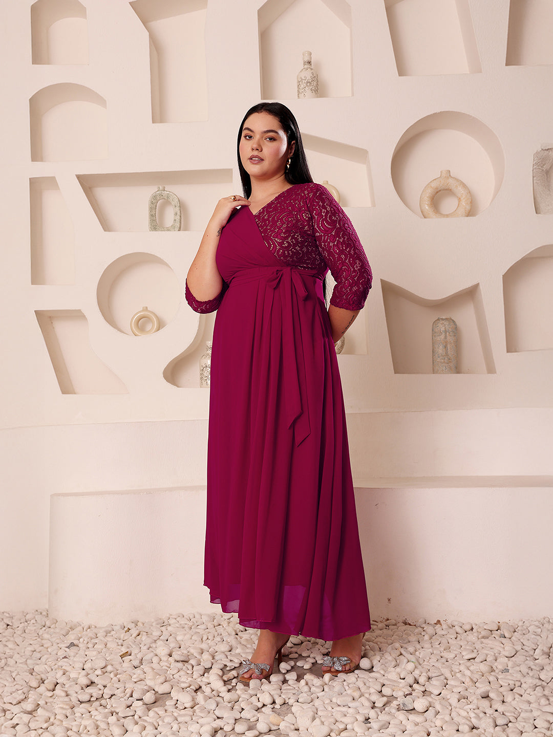 Body Bliss Dark Pink Colored V-Neck Three-Quarter Sleeve Self-Designed Wrap Maxi Georgette Dress