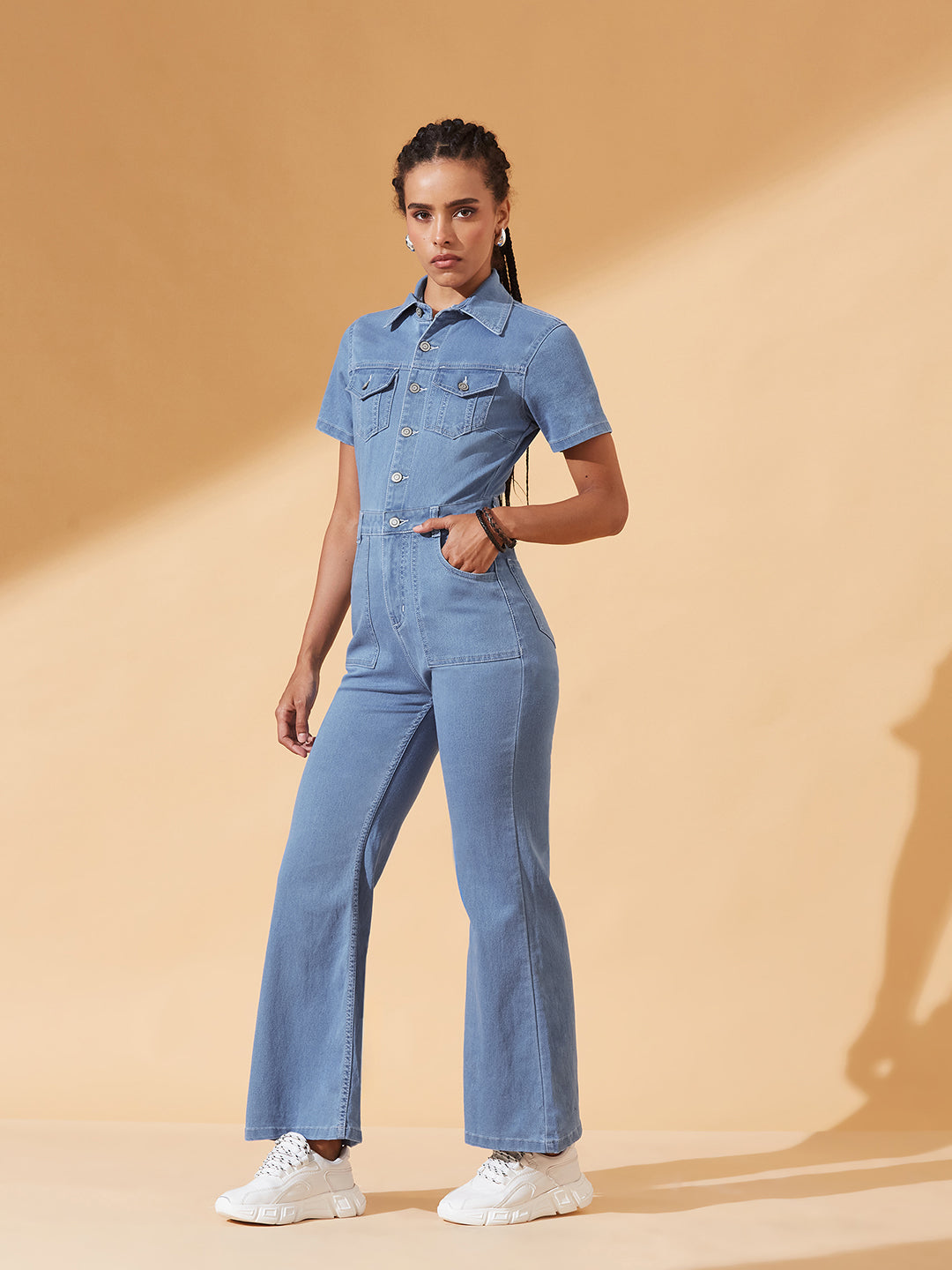 Light Blue Flared High-Rise Stretchable Denim Jumpsuit for Women