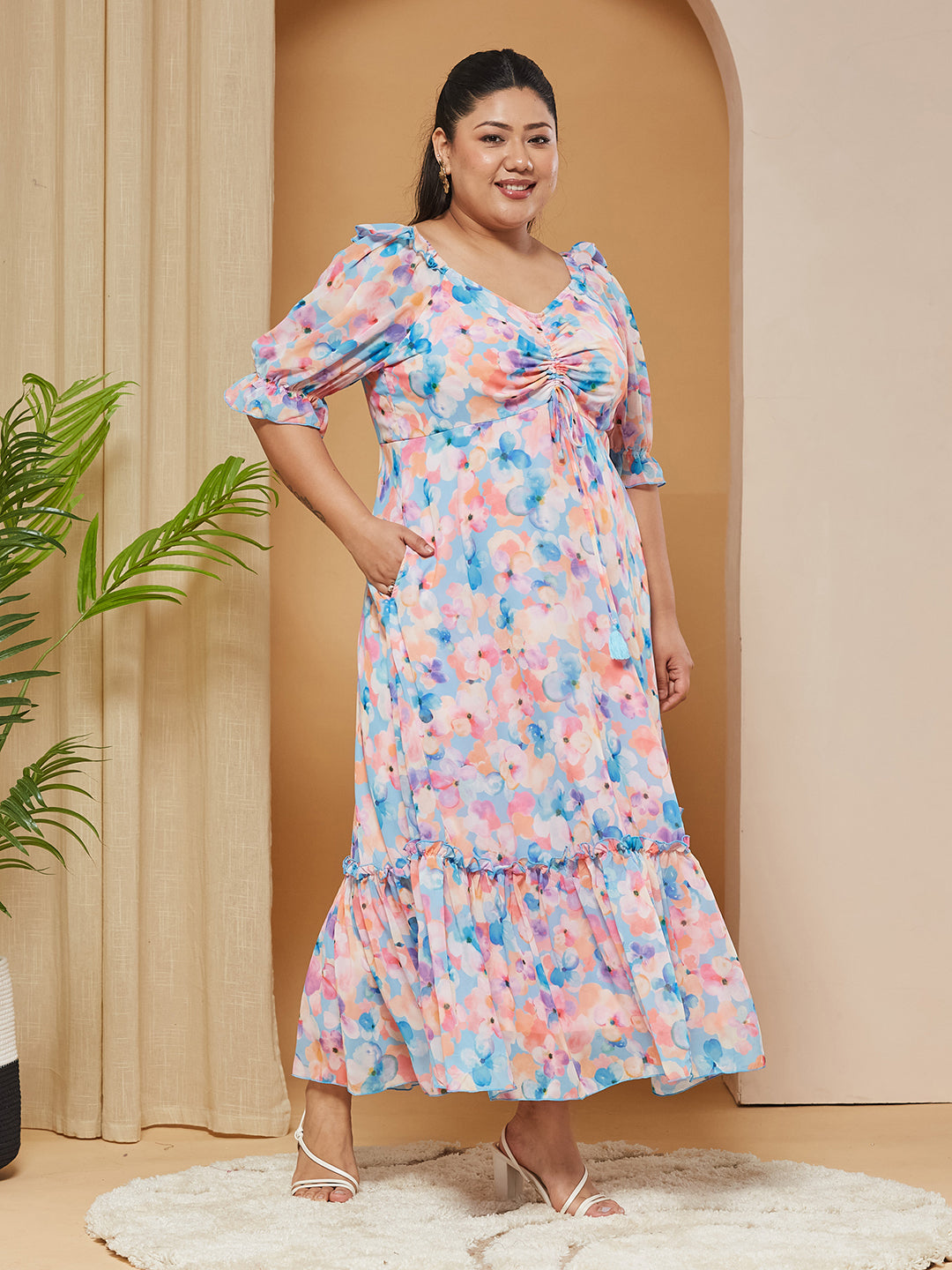 Multicolored-Base-Sky Blue V-Neck Puff-Sleeves Floral Ruching Ankle-Length Dress for Women