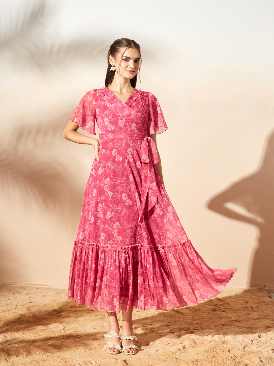 Pink Floral Printed Flutter Sleeves Maxi Dress for Women