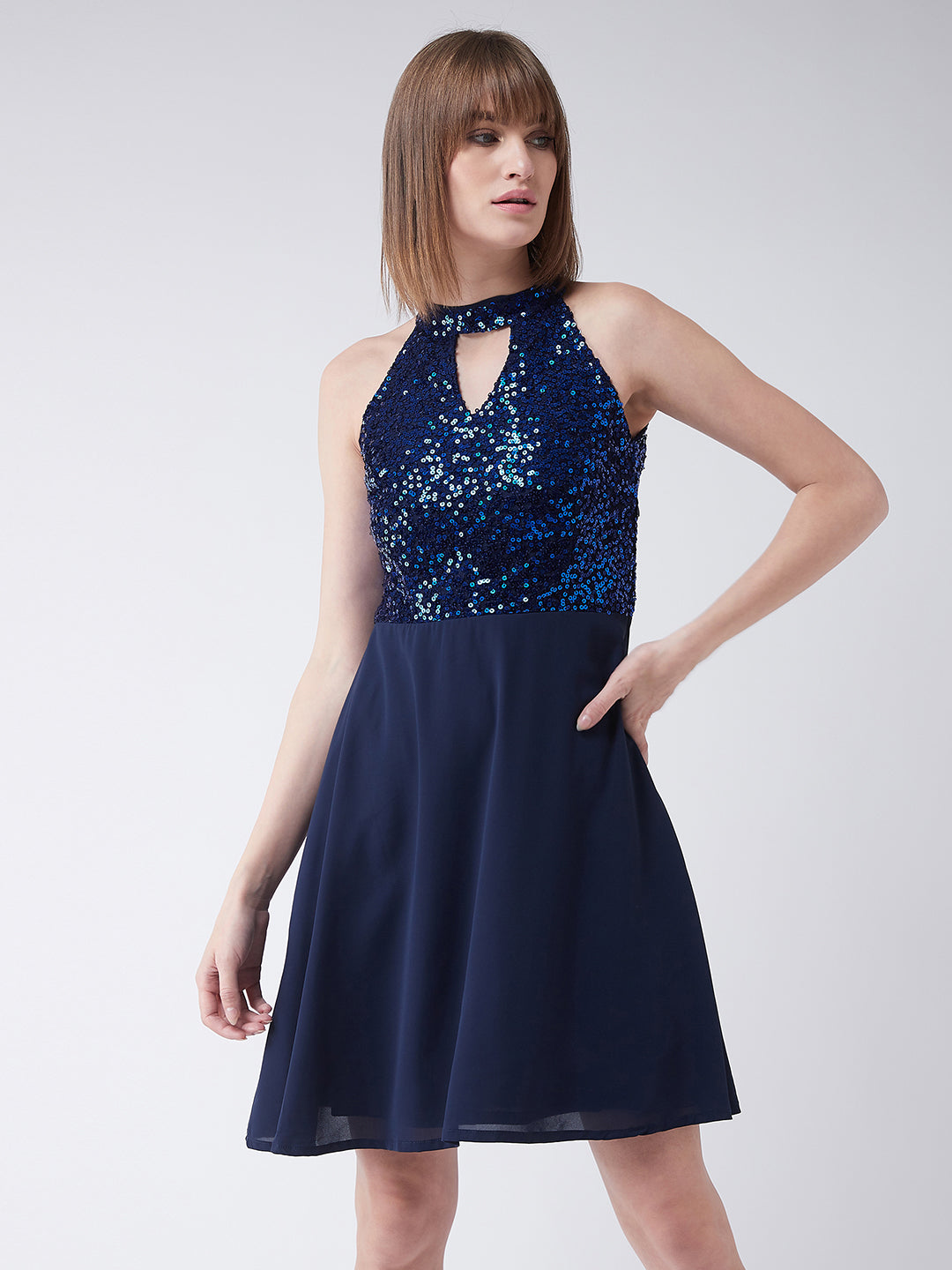 Women's Navy Blue Round Neck Sleeveless Solid Sequin Flowy Knee-Long Skater Dress