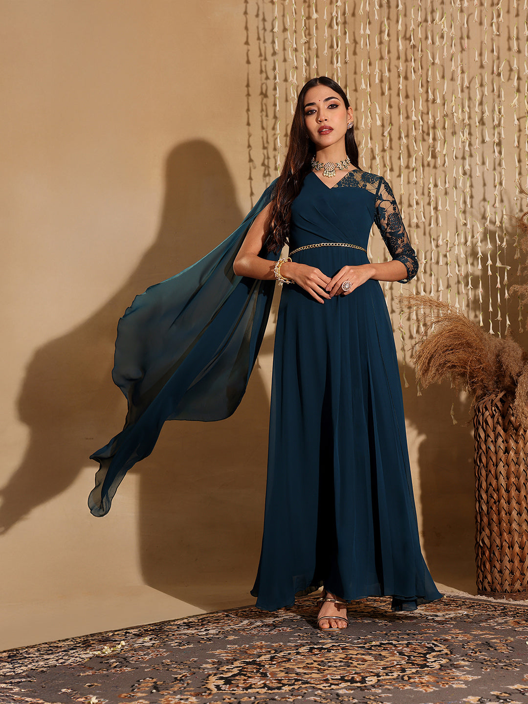 Women's Teal V-Neck Asymmetric Self-Designed Georgette Maxi Dress