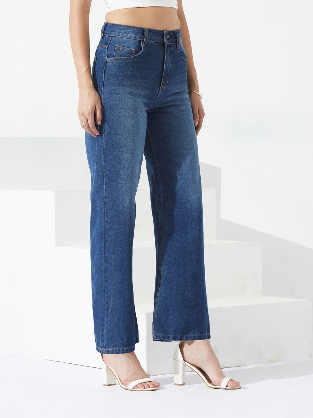 Navy Blue Wide-Leg High-Rise Denim Jeans for Women