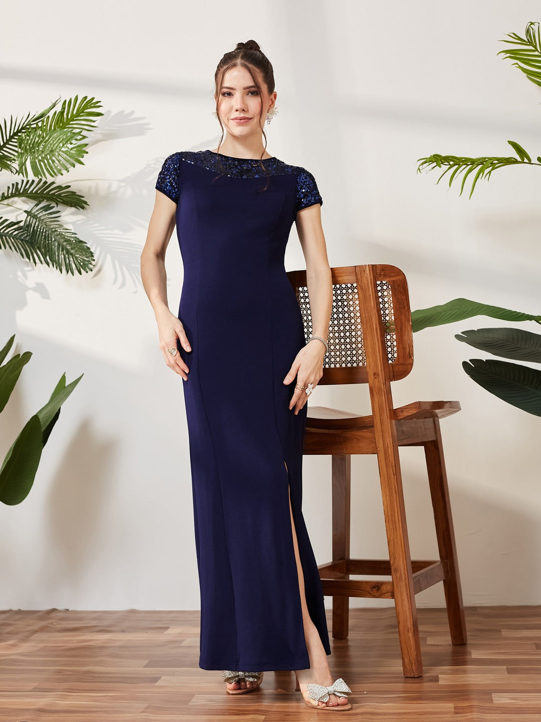 Navy Blue Round Neck Cap Sleeves Sequin Paneled Solid Bodycon Maxi Dress for Women