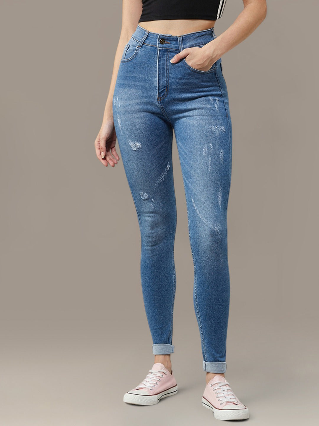 Blue Skinny High Rise Mild Distress Regular Stretchable Denim Jeans for Women
