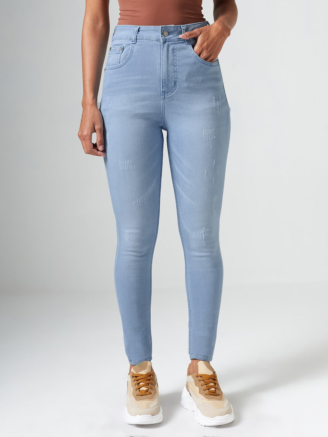 Light Blue Skinny High Rise Mild Distress Regular Stretchable Denim Jeans for Women