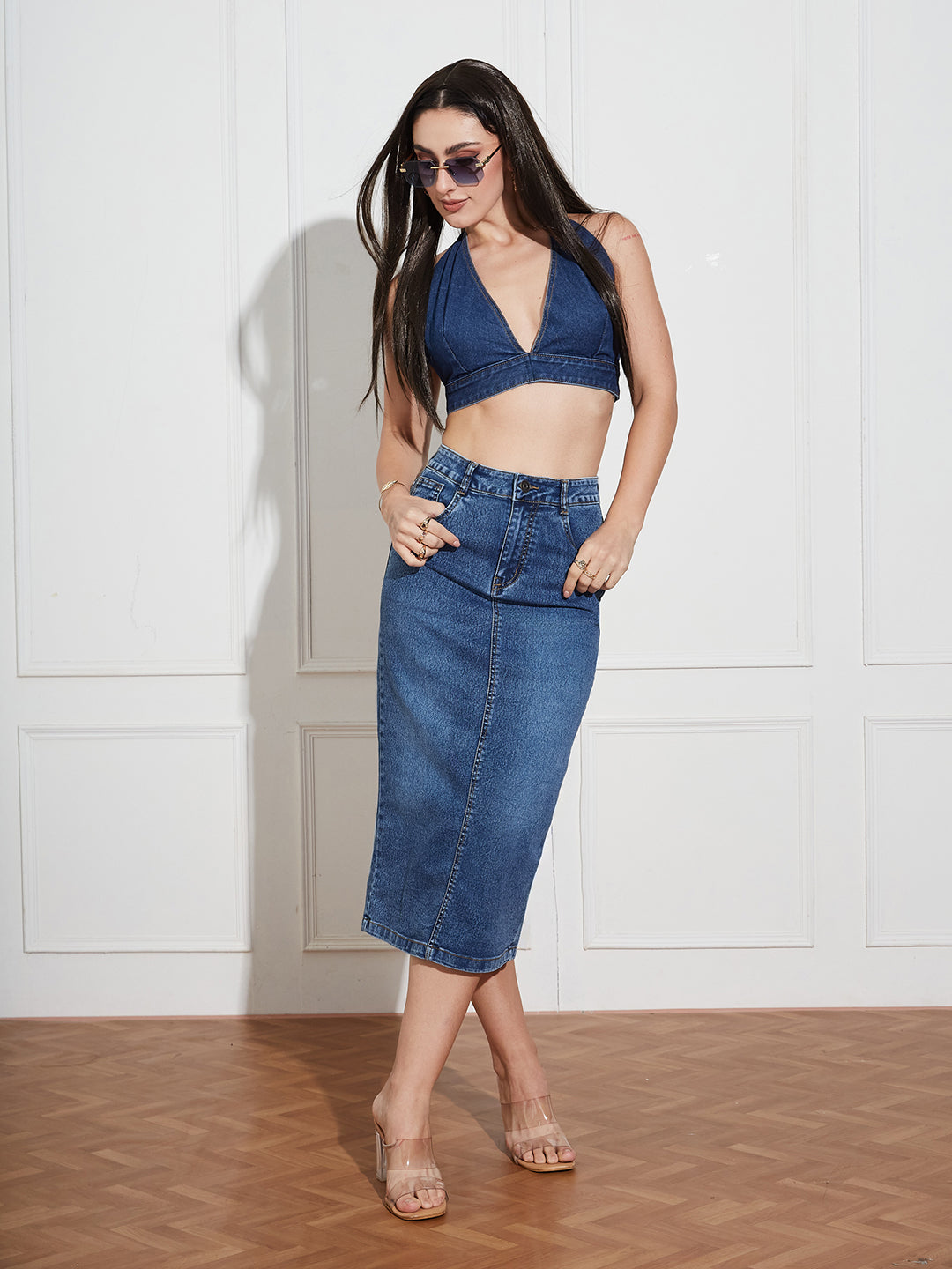 Women's Dark Blue High Rise Clean Look Stretchable Denim Bodycon Midi Skirt