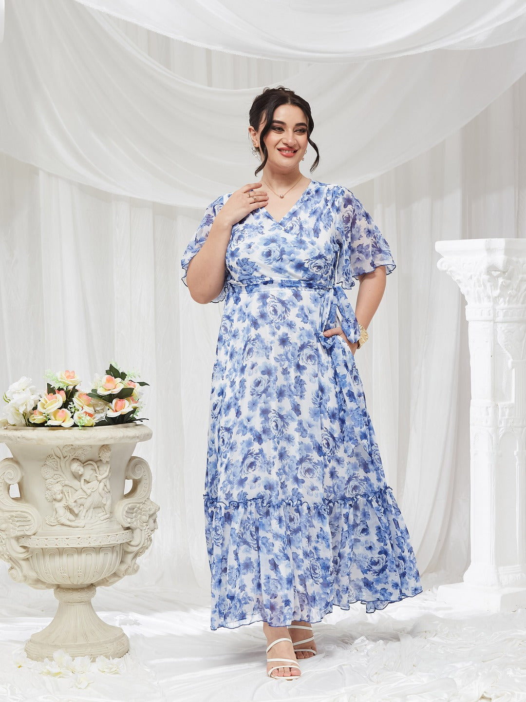 Floral Wrap Chiffon Maxi Dress with White Base and Flutter Sleeves for Women