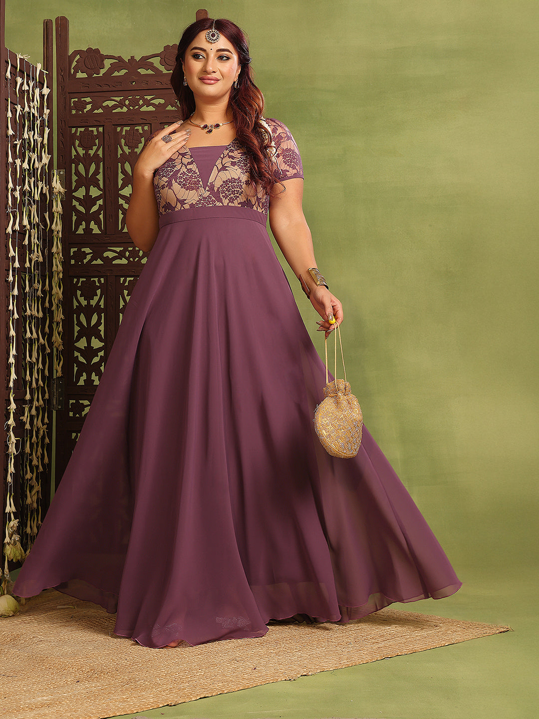 Women's Mauve Square-Neck Raglan-Sleeve Self-Designed Flared Georgette Maxi Dress