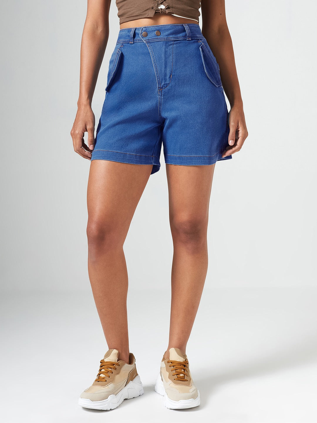 Relaxed-Fit Mid-Rise Clean-Look Stretchable Blue Denim Bermuda Shorts for Women
