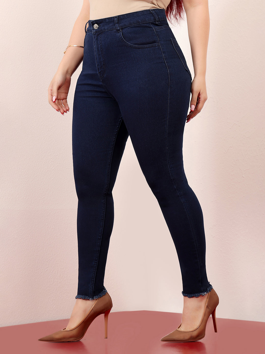 Women's Navy Blue Skinny High-Rise Solid Clean-Look Cropped Fringed-Hemline Stretchable Denim Jeans