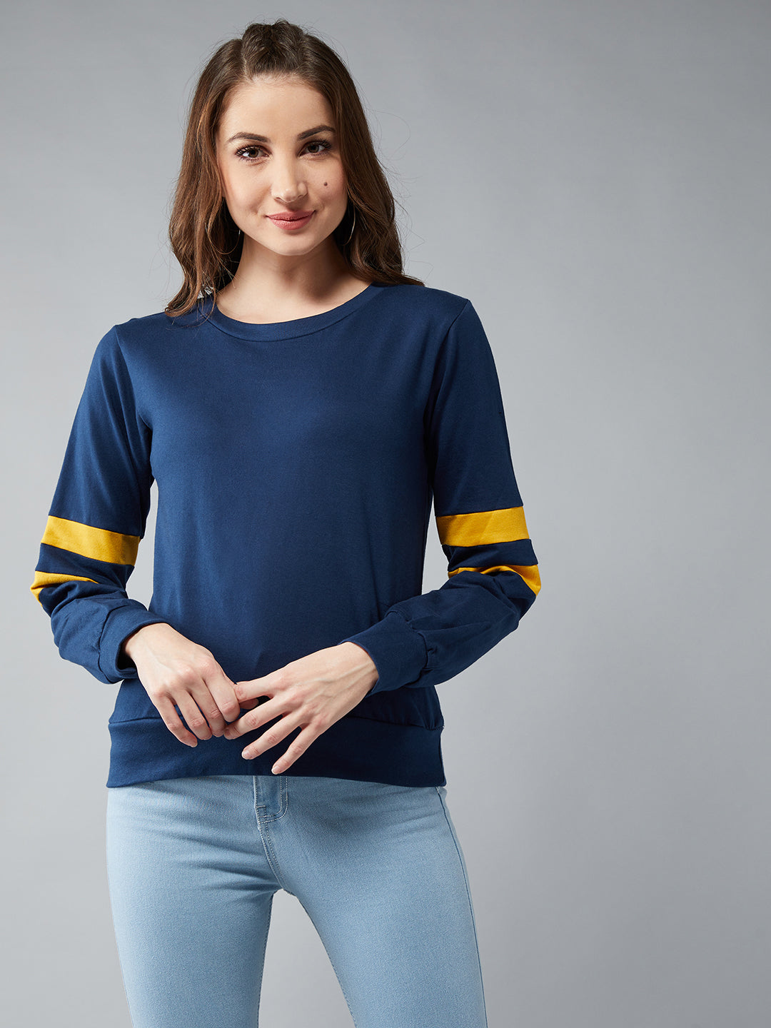 Women's Navy Blue Round Neck Full Sleeves Cotton Solid Boxy Colorblock Paneled Sweatshirt