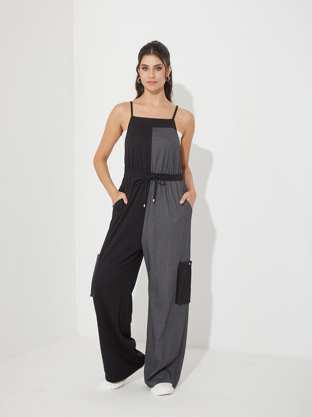 Black & Grey Square Neck Sleeveless Dual Tone Full Length Cotton Dungaree for Women