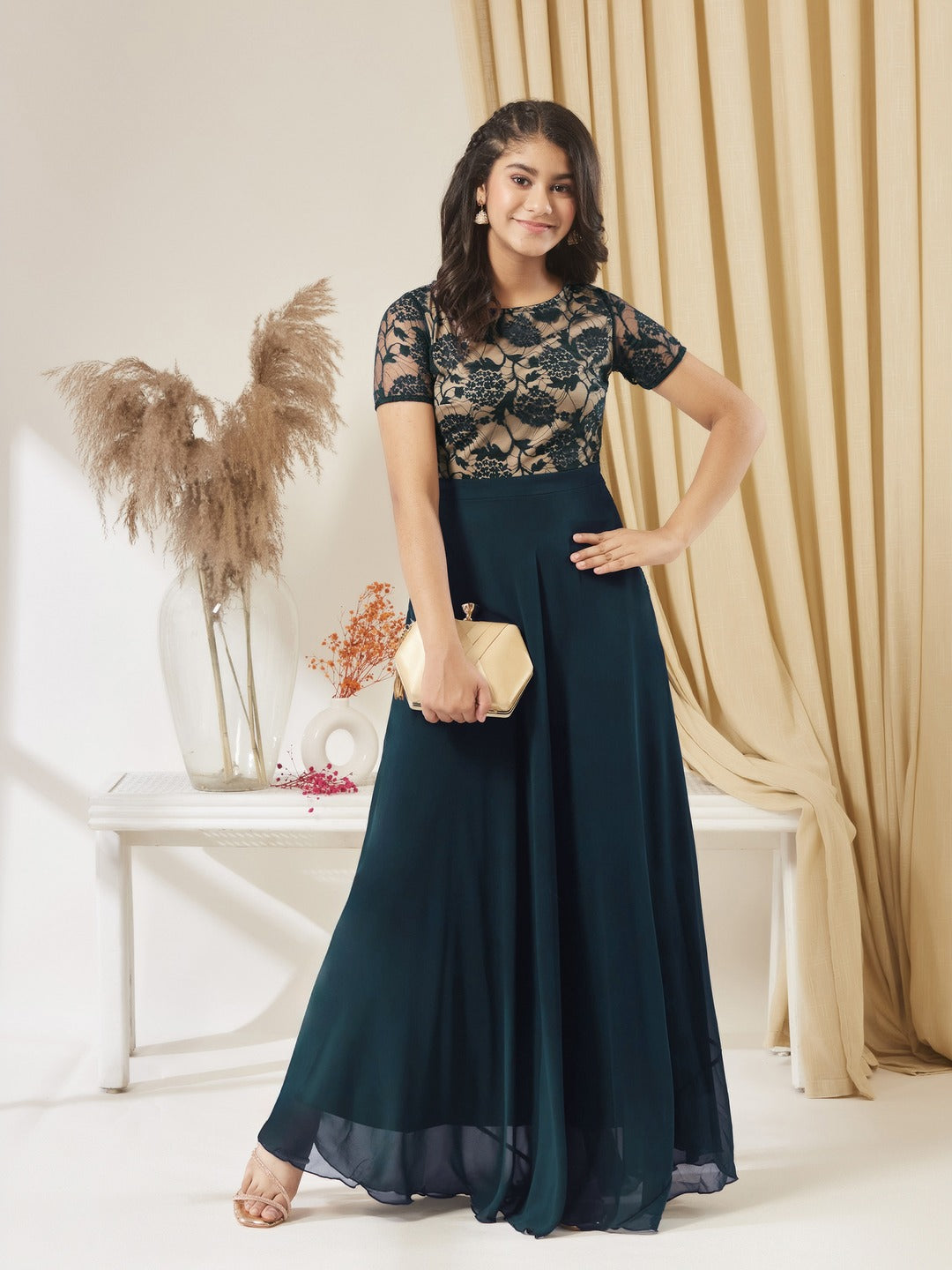 Teal Round Neck Half Sleeve Self Design Fit & Flare Georgette Maxi Dress for Girls/Teenagers