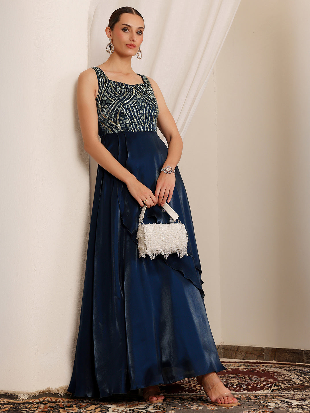 Women's Navy Blue Sweetheart Sleeveless Embroidered Layered Satin Maxi Dress