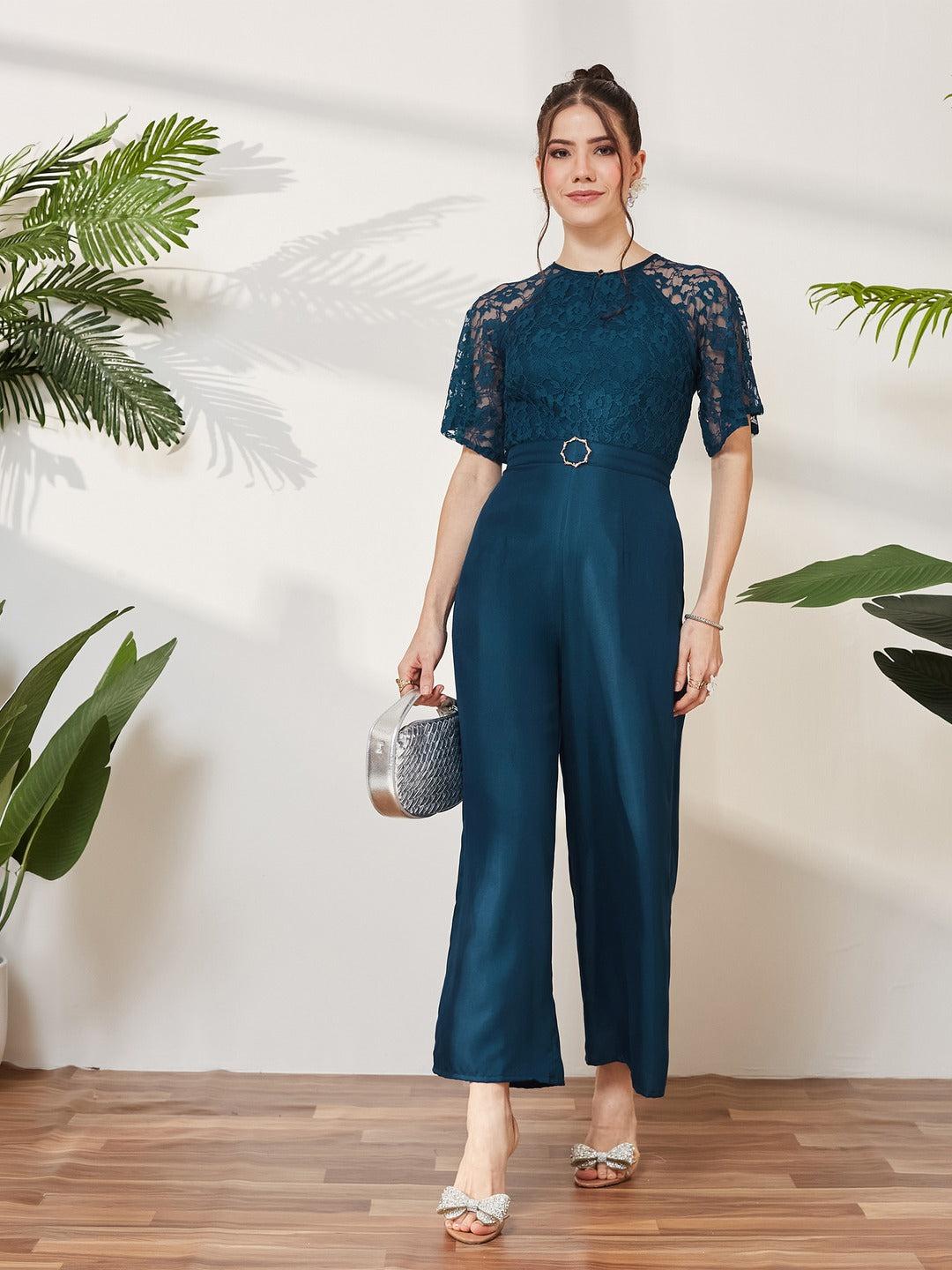 Teal Round Neck Flared Sleeve Floral Raglan Regular Jumpsuit for Women