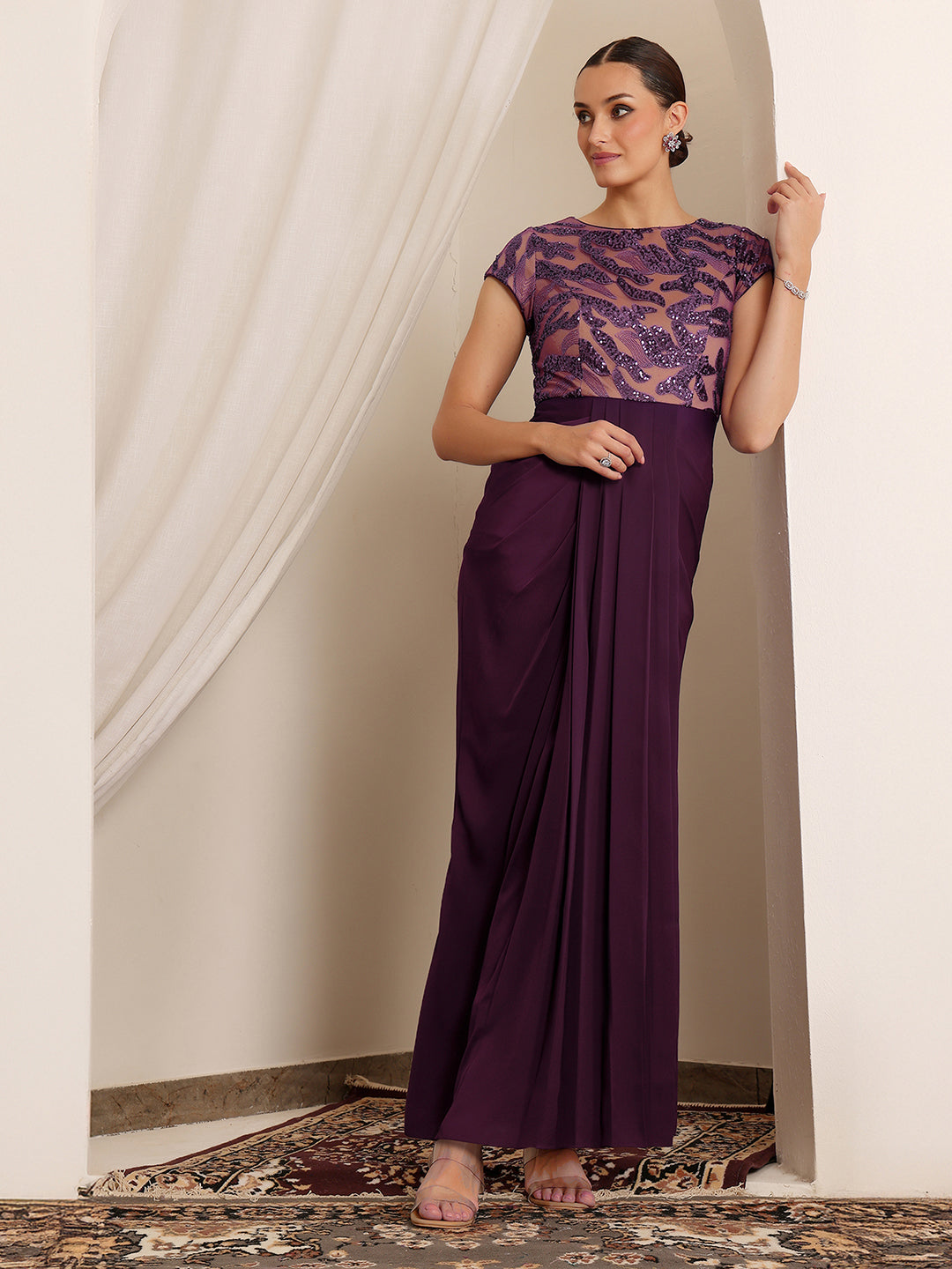 Women's Purple Round Neck Short Sleeve Embellished Pleated Satin Maxi Dress