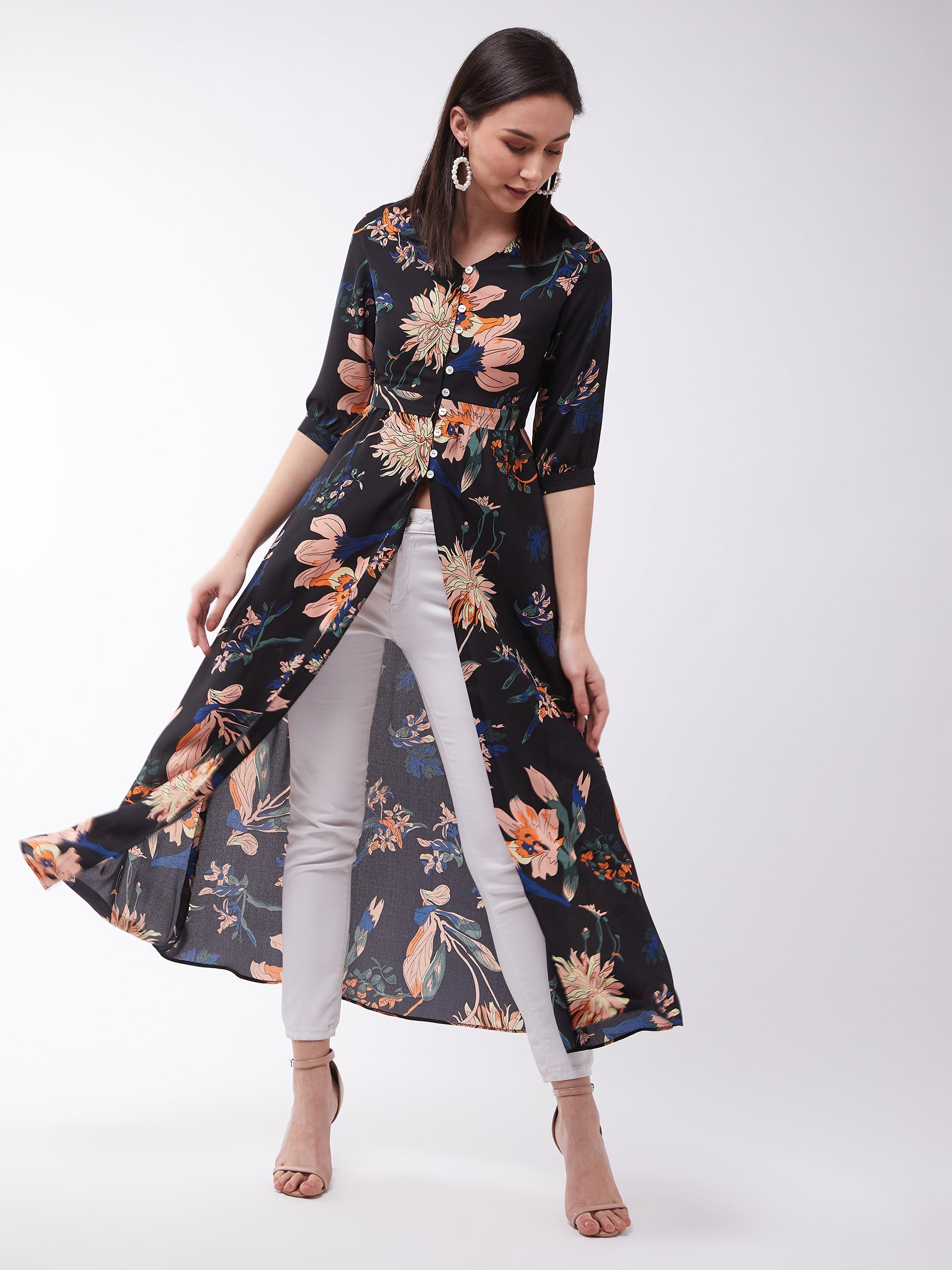 Women's Multicolor Floral Printed Polyester Regular Fit V Neck 3/4 Sleeve Maxi Top