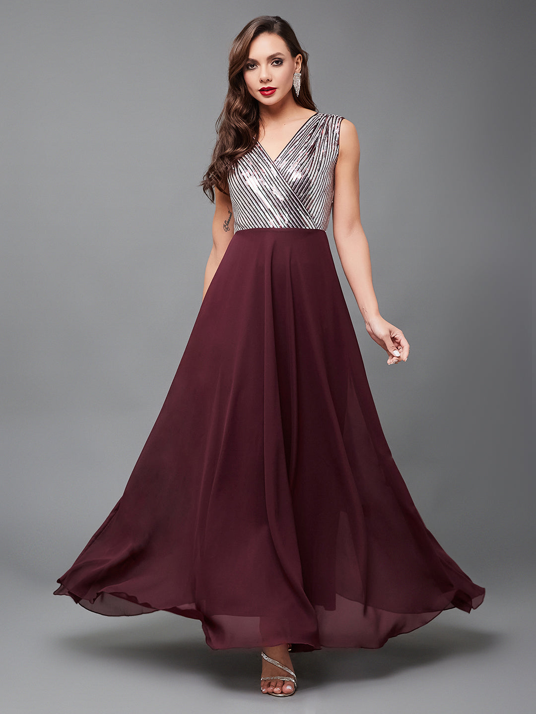 Women's Wine V-Neck Sleeveless Embellished Wrap-Styled Maxi Georgette Dress