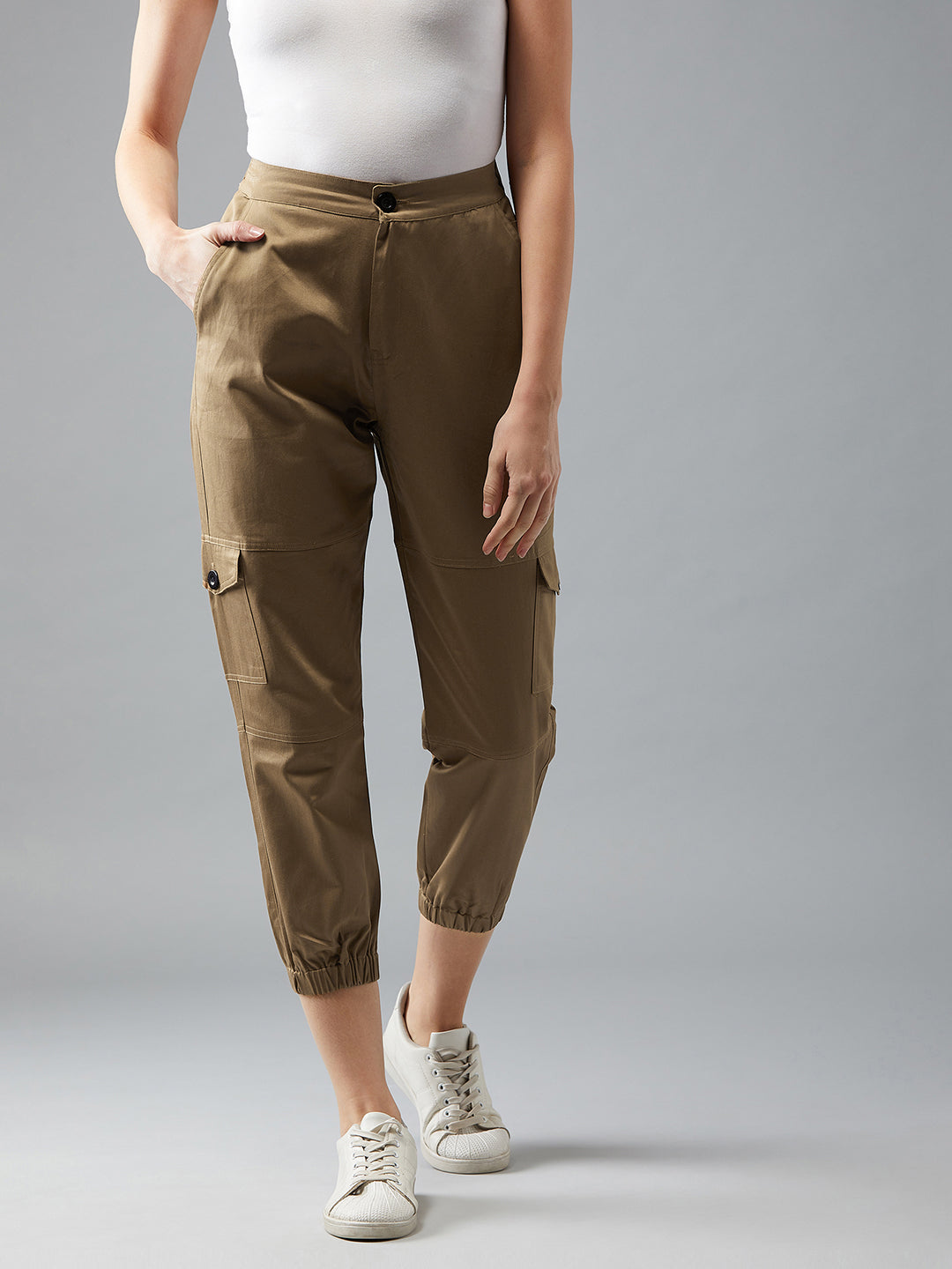 Women's Olive Green Solid Panelled Elasticated Cropped Length Joggers