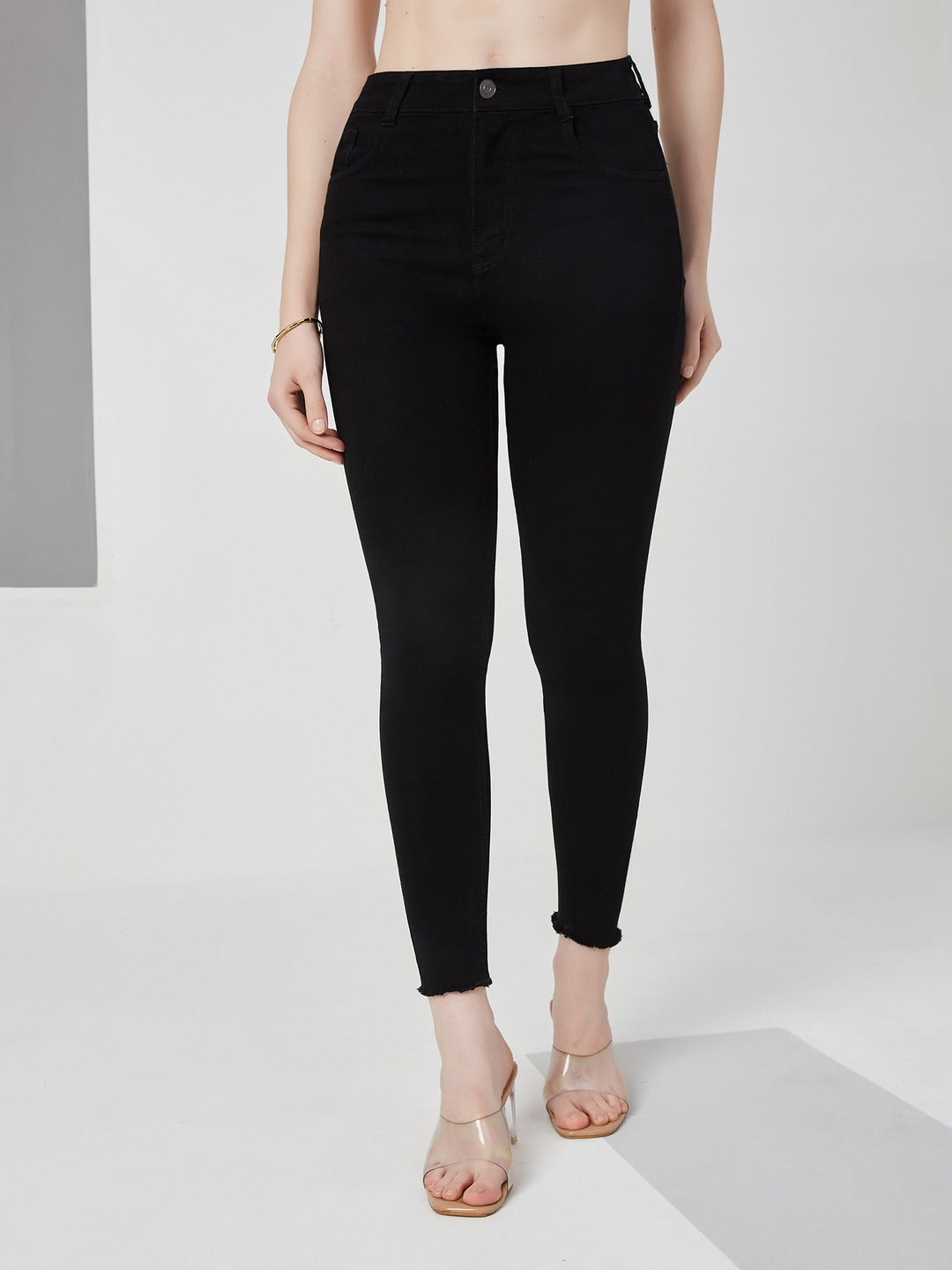 Black Skinny Fringed Detailing high-rise Solid Cropped Stretchable Denim Jeans for Women