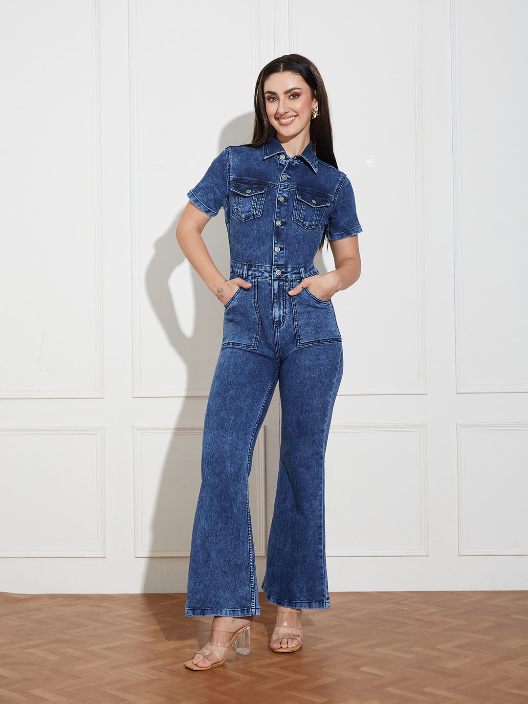 Women's Black Flared High Rise Regular Stretchable Denim Jumpsuit