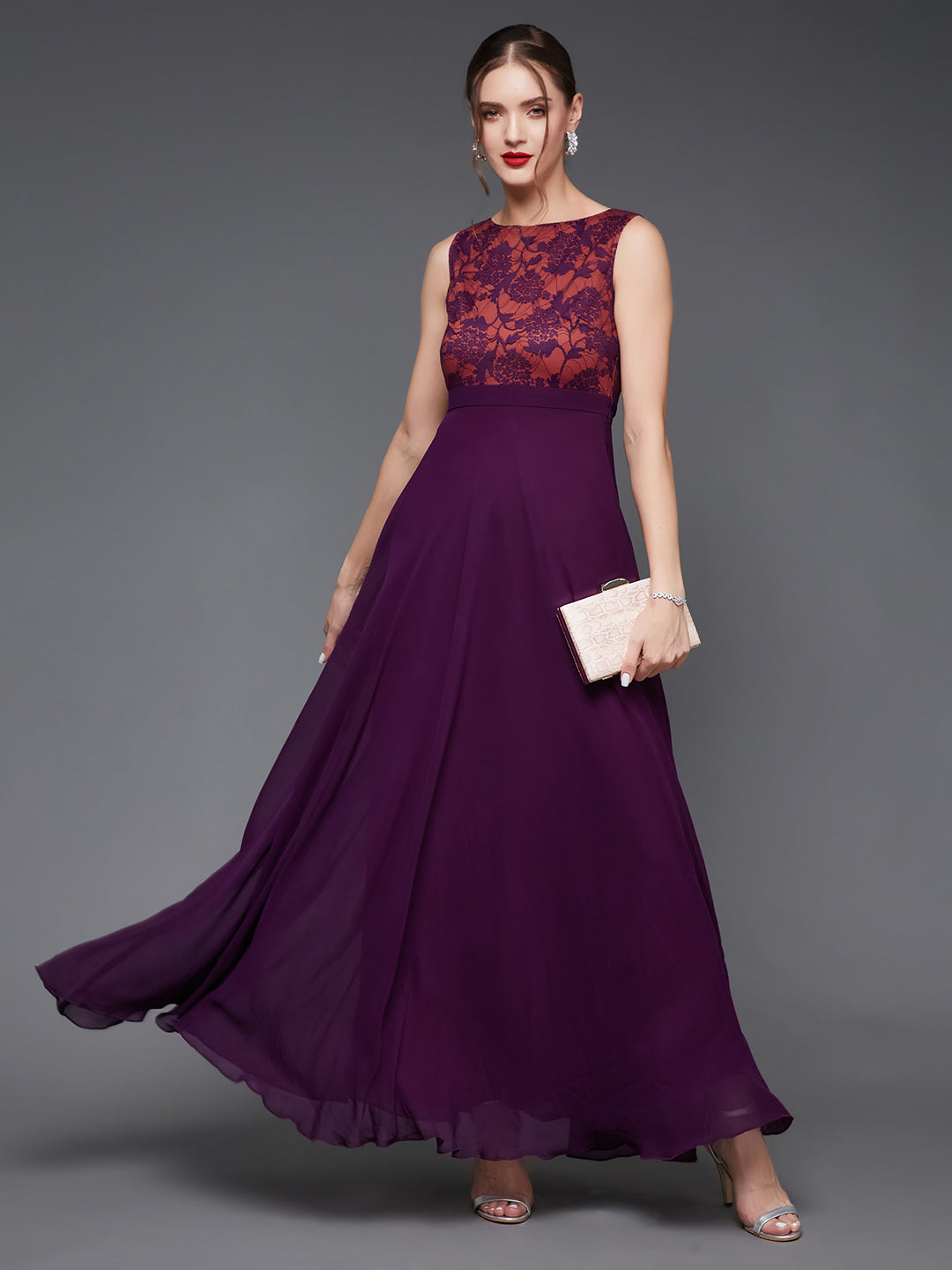 Women's Dark Purple Round Neck Sleeveless Georgette & Lace Floral Fit & Flare Maxi Dress