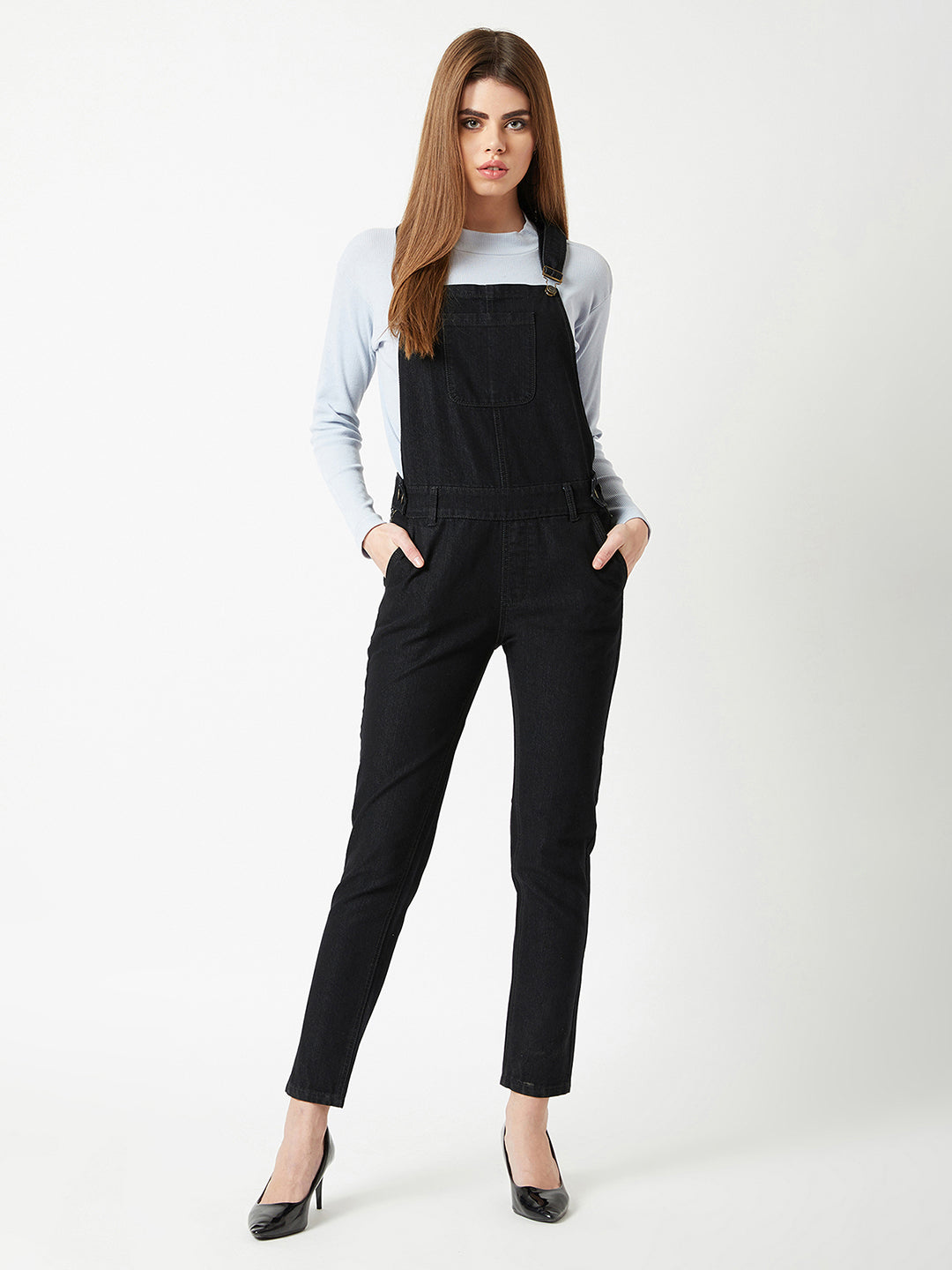 Women's Black High Rise Clean Look Regular Stretchable Skinny Denim Dungaree