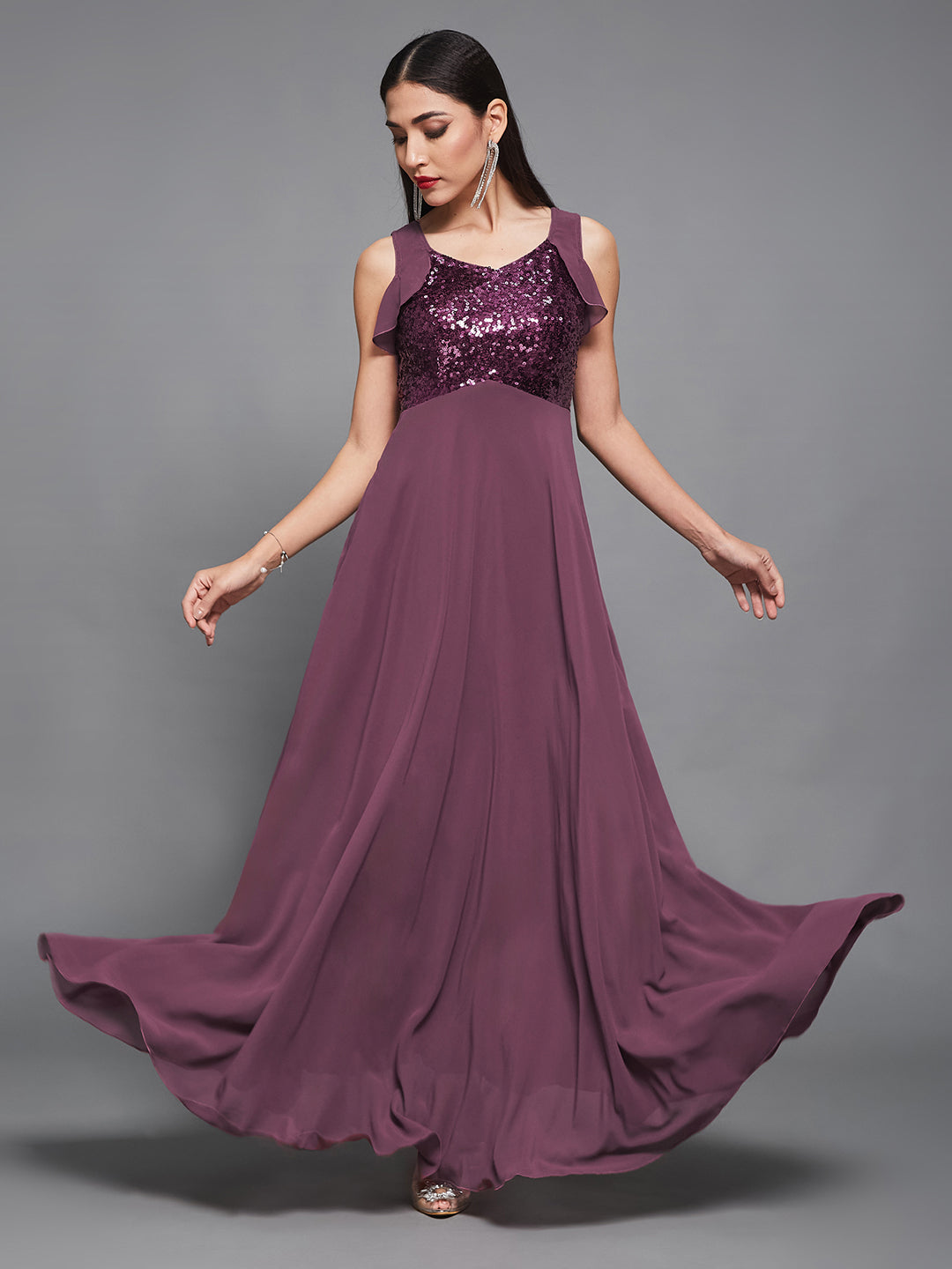 Women's Mauve Sweet-Heart Neck Sleeveless Embellished Fit & Flare Maxi Dress