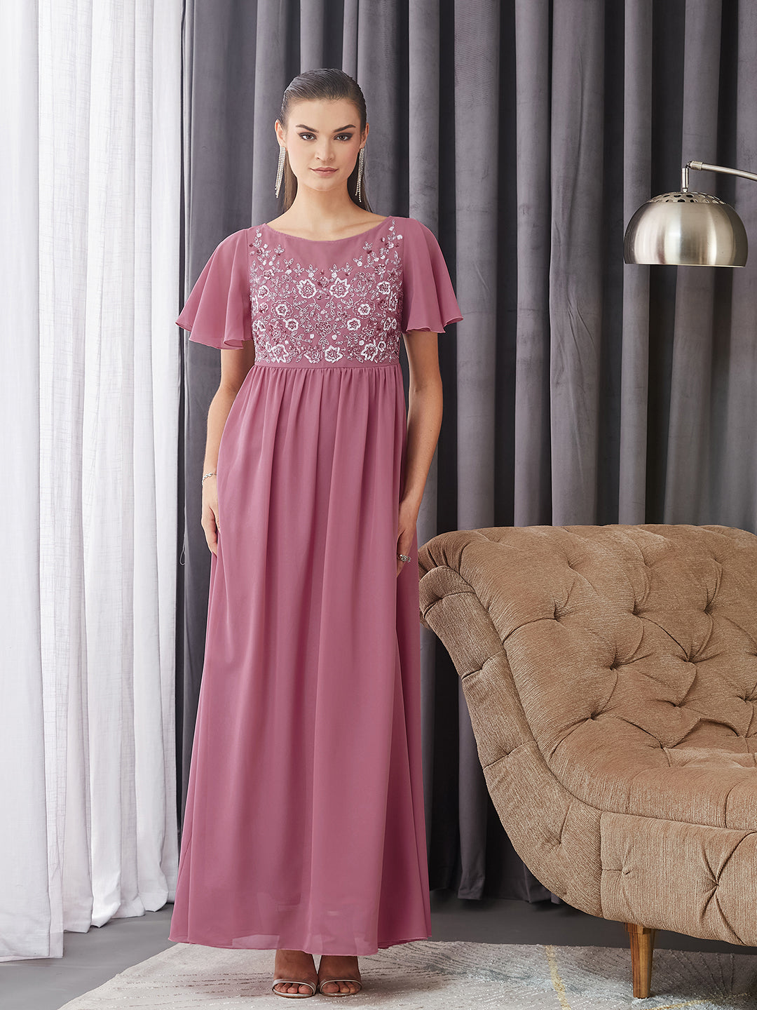 Women's Dusty Lavender Boat Neck Half Sleeve Solid Embellished Georgette Maxi Dress