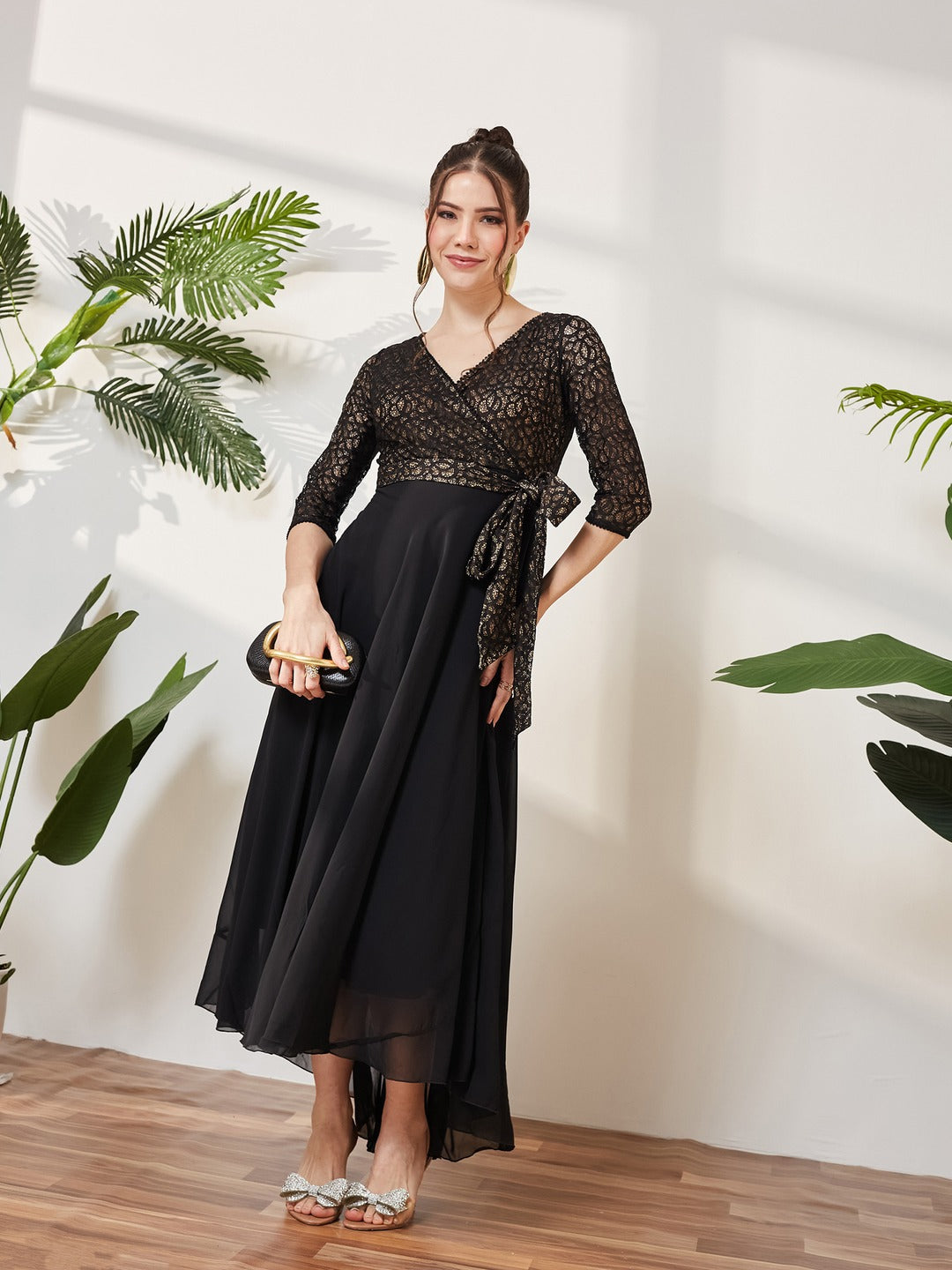 Black Self-Designed Relaxed Fit V-Neck 3/4th Sleeve Georgette And Lace Maxi Dress  for Women